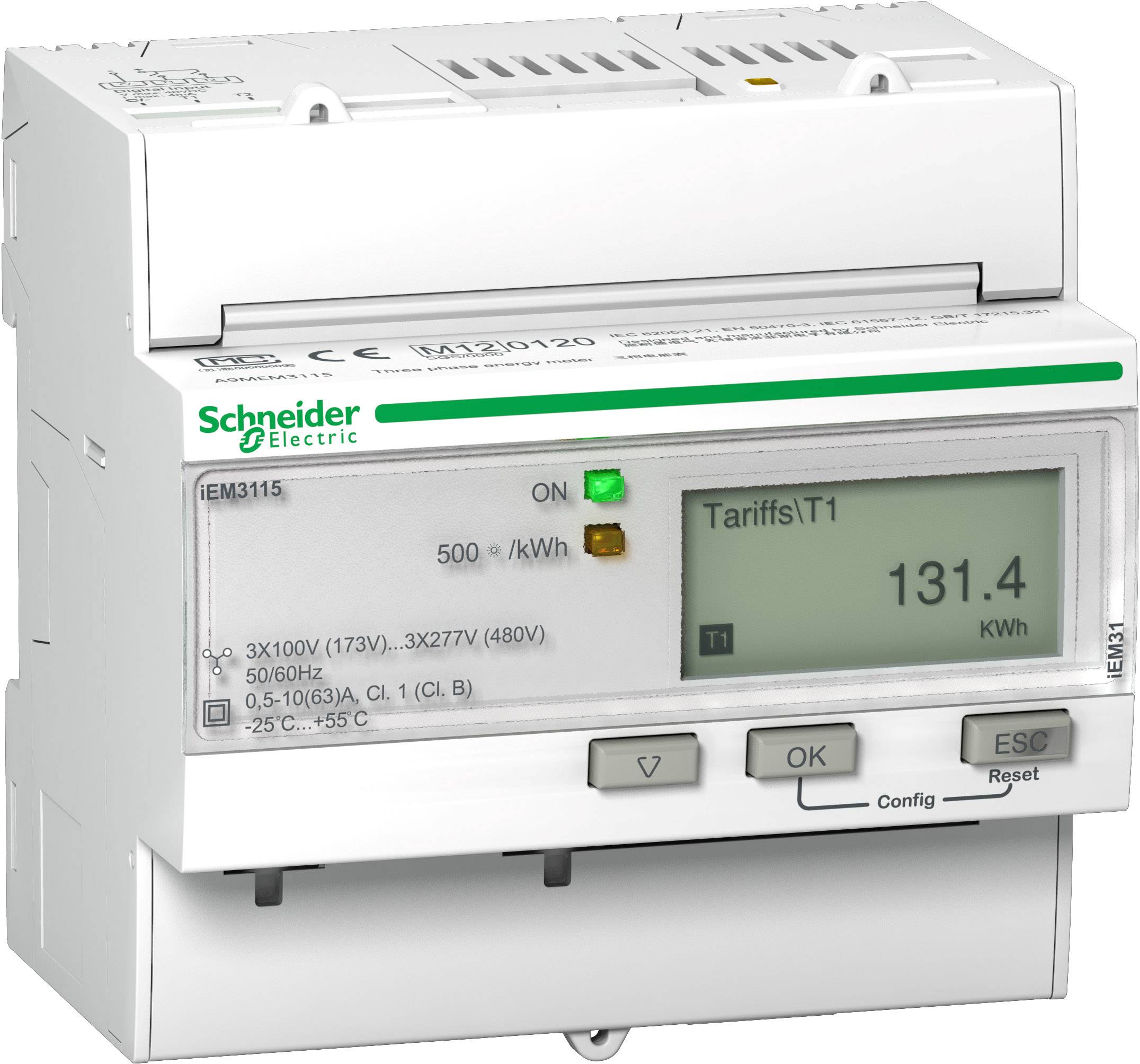 Ein digitaler Stromzähler von Schneider Electric zeigt 'TariffsT1' mit einem Verbrauch von 131,4 kWh auf einem Display an.