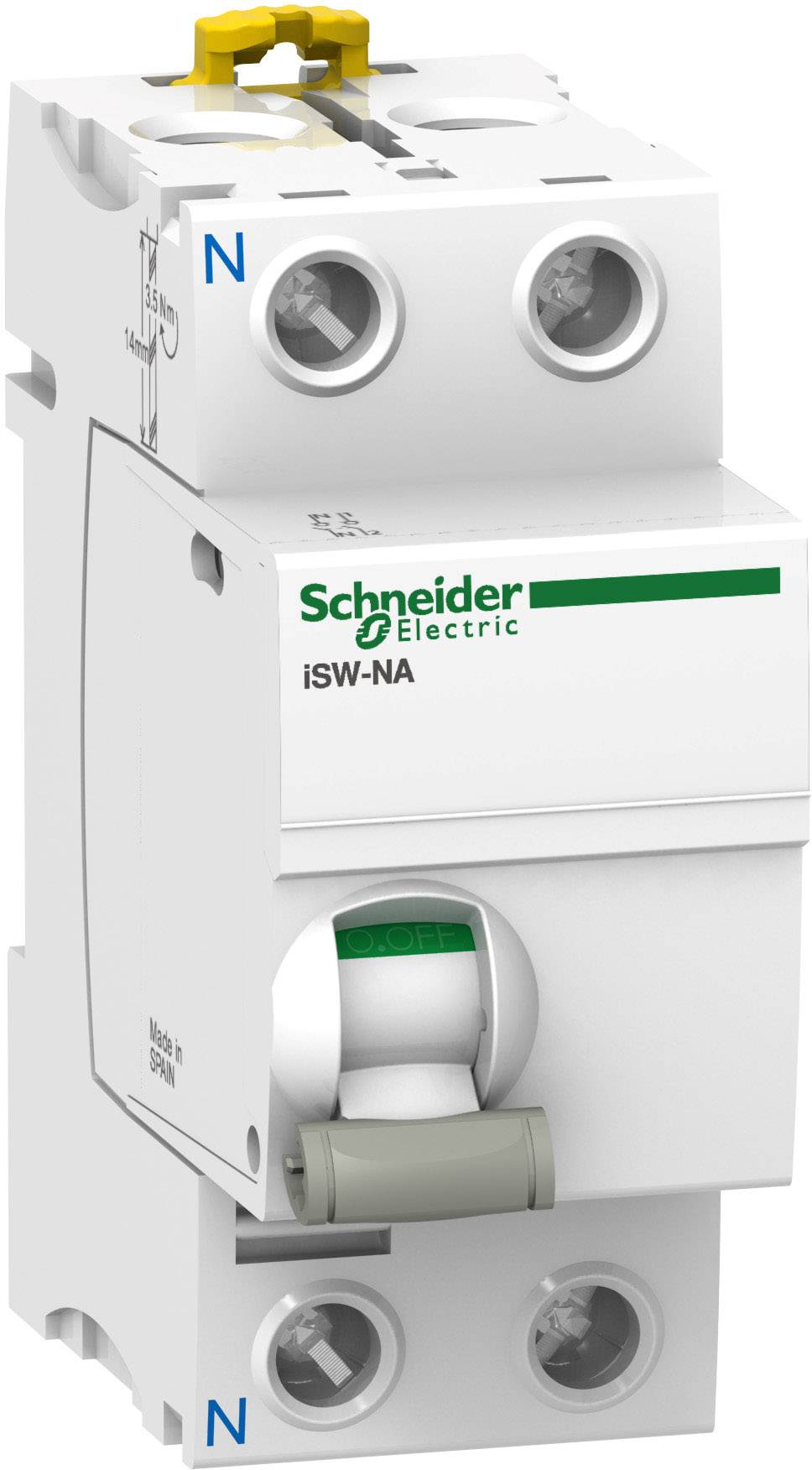 Leitungsschutzschalter von Schneider Electric, Modell 'iSW-NA', zweipolig, mit Schraubanschlüssen und Schalter in der Mittelposition.