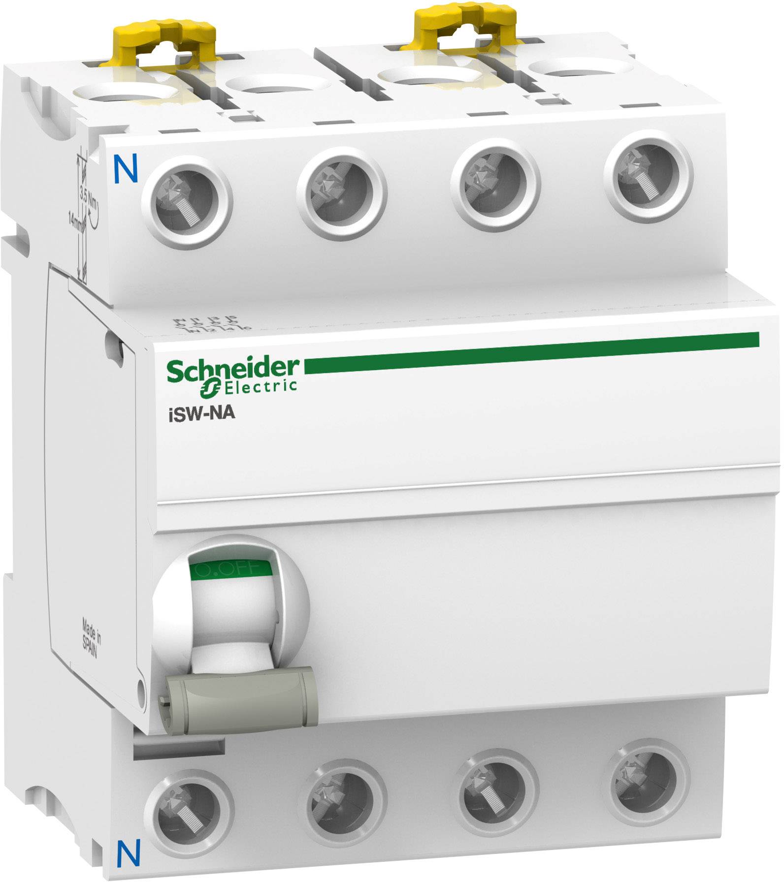 Ein dreipoliger Leitungsschutzschalter von Schneider Electric mit der Modellbezeichnung iSW-NA. Er ist in Weiß gehalten.