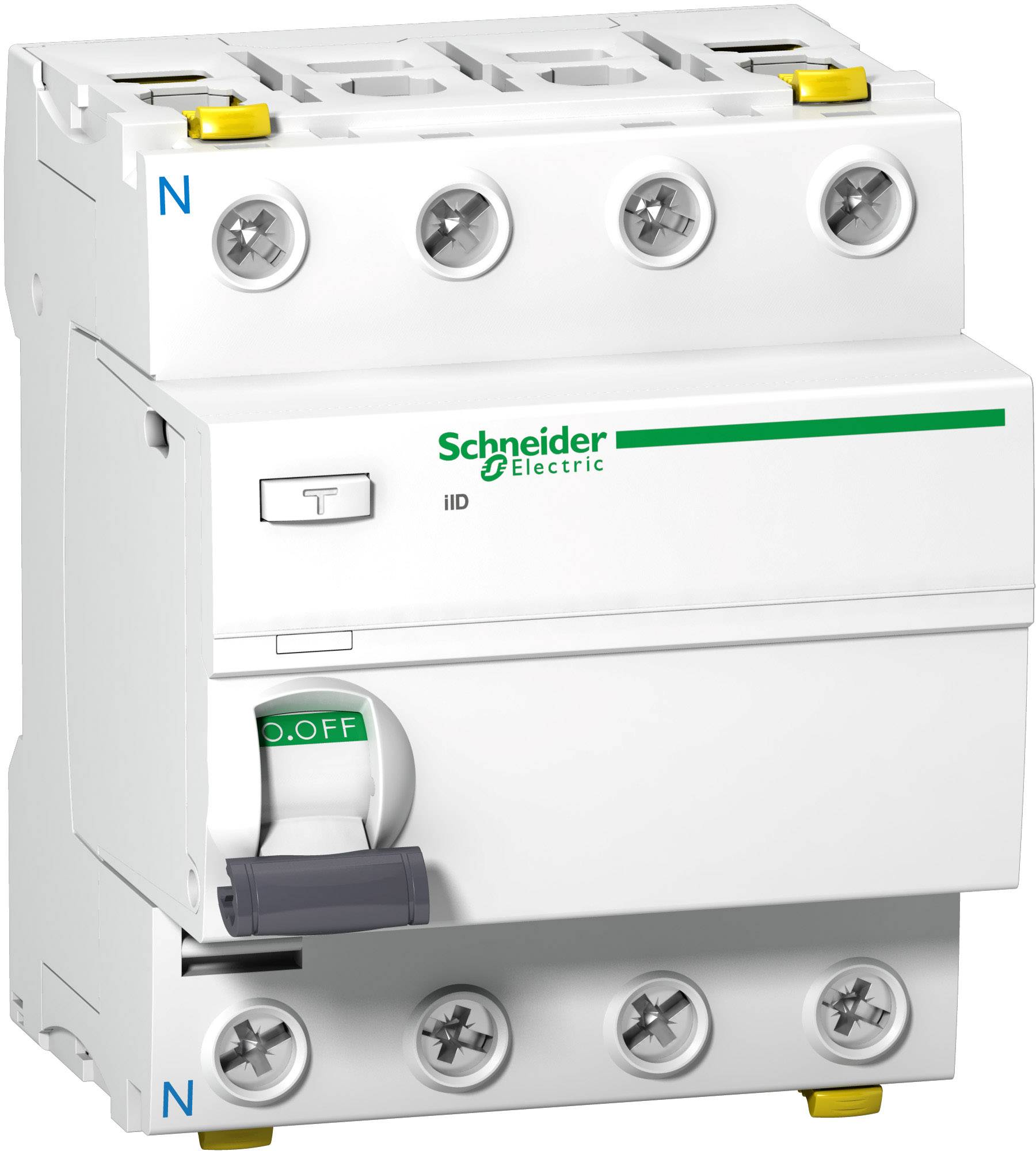 Ein Fehlerstrom-Schalter von Schneider Electric, weißes Gehäuse mit grünem 'ON/OFF'-Schalter, verwendet zur elektrischen Sicherheit.