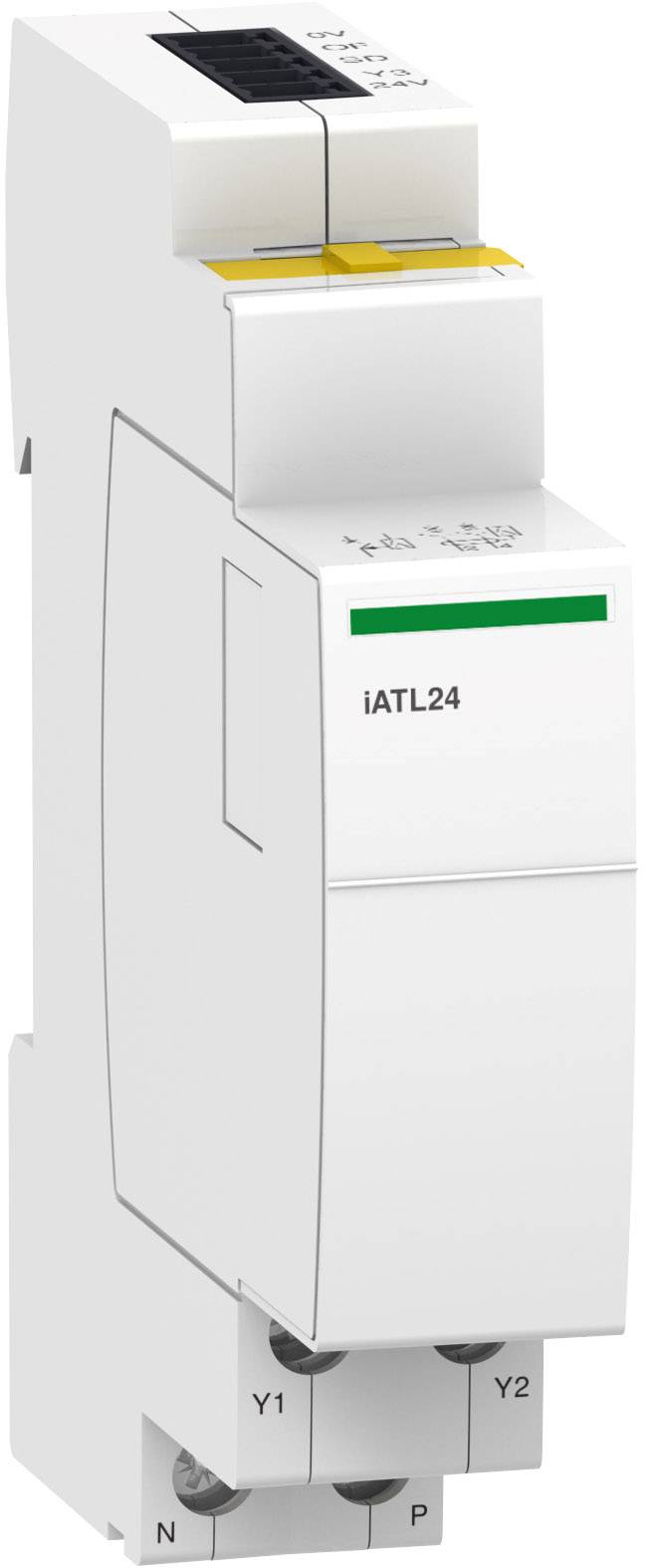 Ein weißes, schmales elektrisches Gerät mit der Aufschrift 'iATL24', erkennbar an Symbolen und Anschlüssen für den Montageeinsatz.