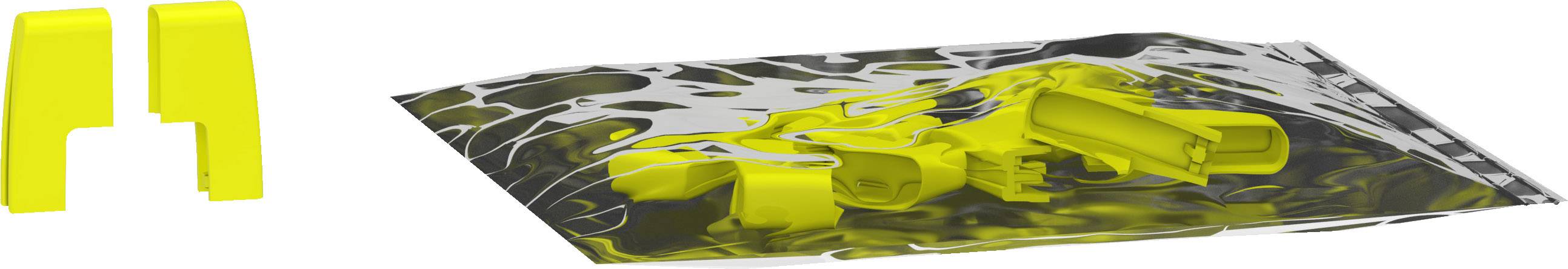Zwei gelbe Kunststoffteile neben einer silbernen, reflektierenden Folientüte, die ähnliche Teile enthält.