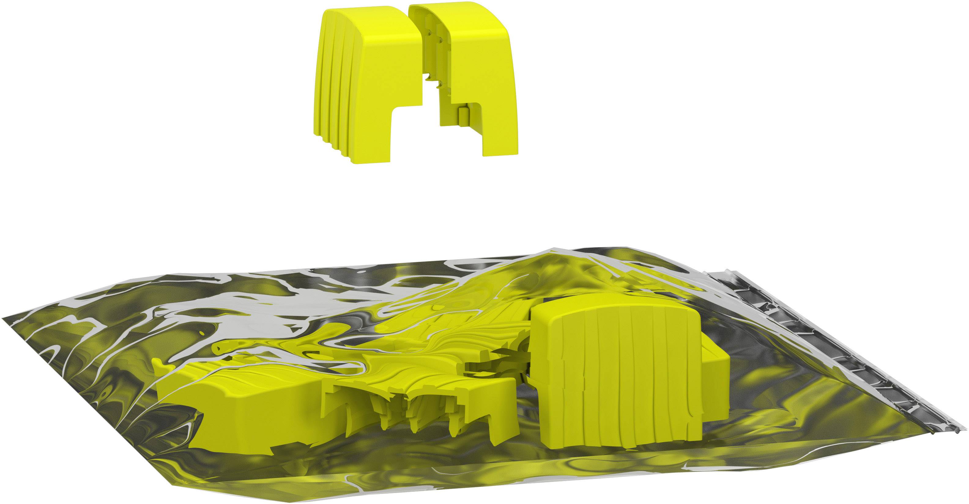 Gelbes, ineinandergreifendes Puzzle auf einer reflektierenden Oberfläche. Ein Teil schwebt über dem Rest, der lose zusammengesetzt ist.