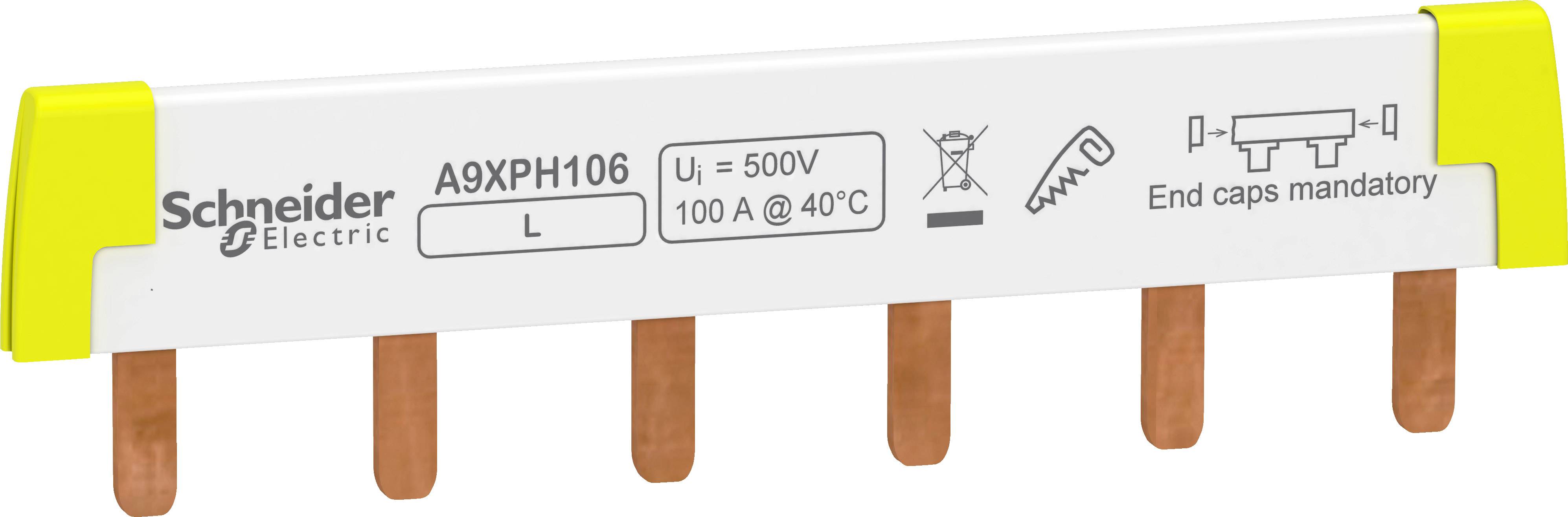 Sechsphasiger Sammelschienenverbinder von Schneider Electric A9XPH106 mit 500V Spannung und 100A bei 40°C. Endkappen erforderlich.