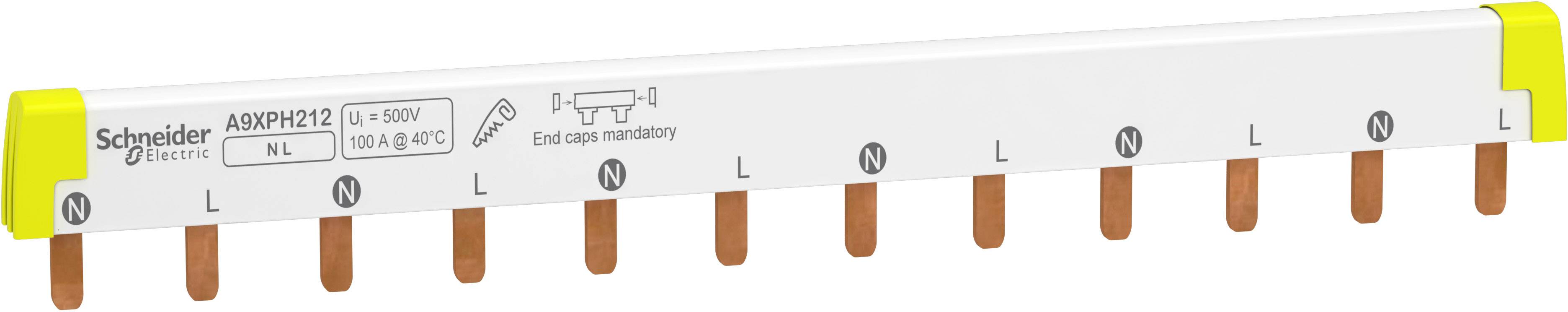 Weißer Stromschienenverteiler von Schneider Electric mit Kupferstiften für elektrische Verteilung, beschriftet mit 'L' und 'N'.