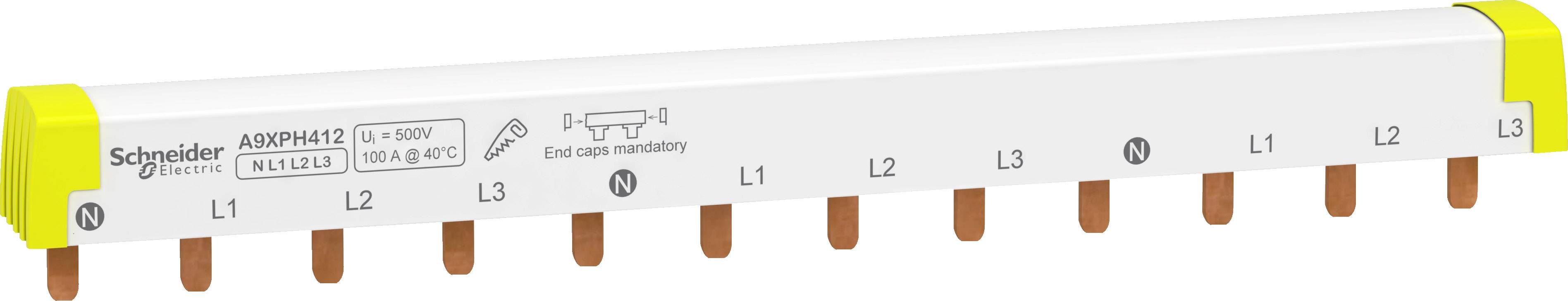 Hauptleiter von Schneider Electric mit Aufschrift 'A9XPH412', geeignet für 1P+N, 63A, 500V, 50/60Hz, mit Erde-Installation.