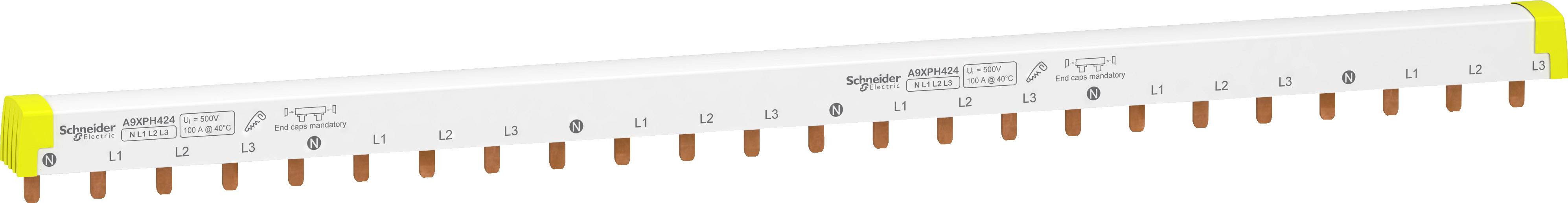 Ein weißer Überspannungsschutz von Schneider Electric für ein dreiphasiges System mit gelben Enden und zahlreichen Anschlüssen unten.