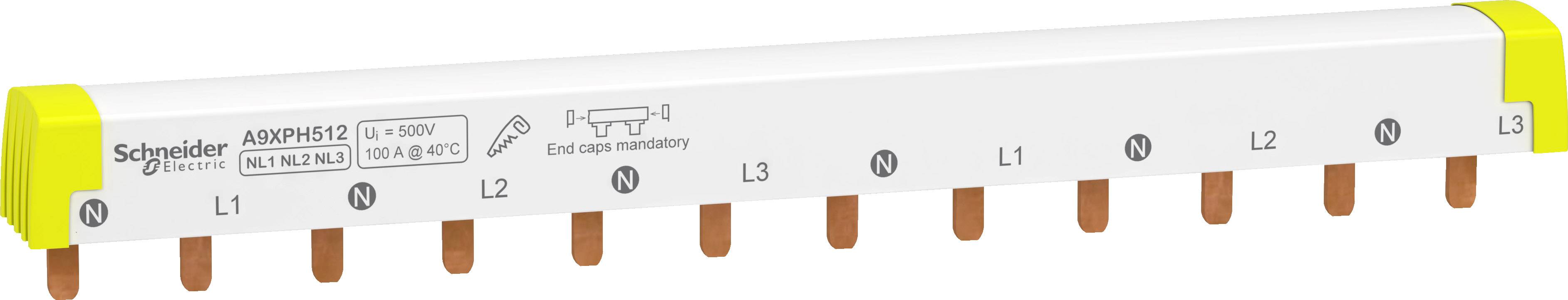 Schneider Electric Phasenschiene mit zwölf Kupferschienenanschlüssen L1, L2, L3, N für elektrische Verteilersysteme.