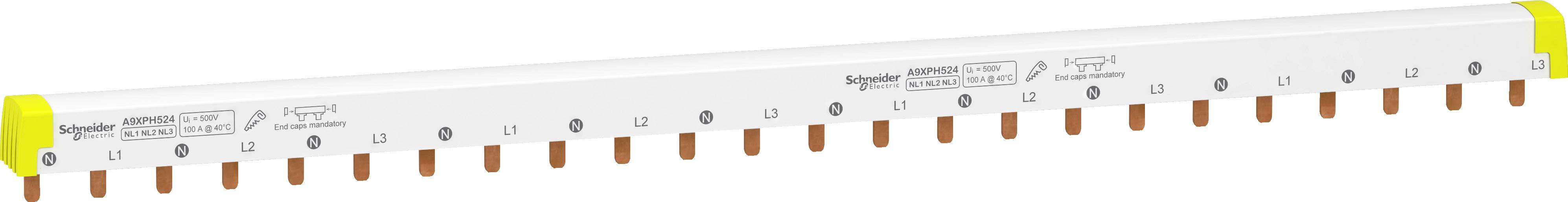 Kupferleitungsschiene mit gelben Endkappen, markiert mit 'Schneider Electric' und technischen Spezifikationen, zur Stromverteilung eingesetzt.