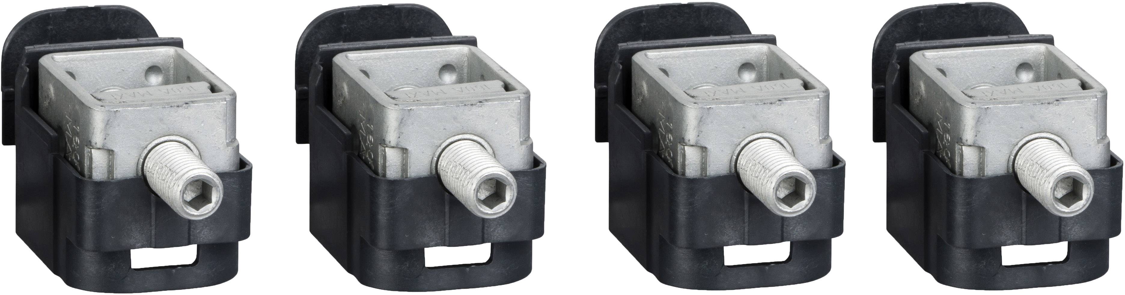 Vier identische elektrische Steckverbinder in einer Reihe, bestehend aus metallischen und schwarzen Kunststoffkomponenten.