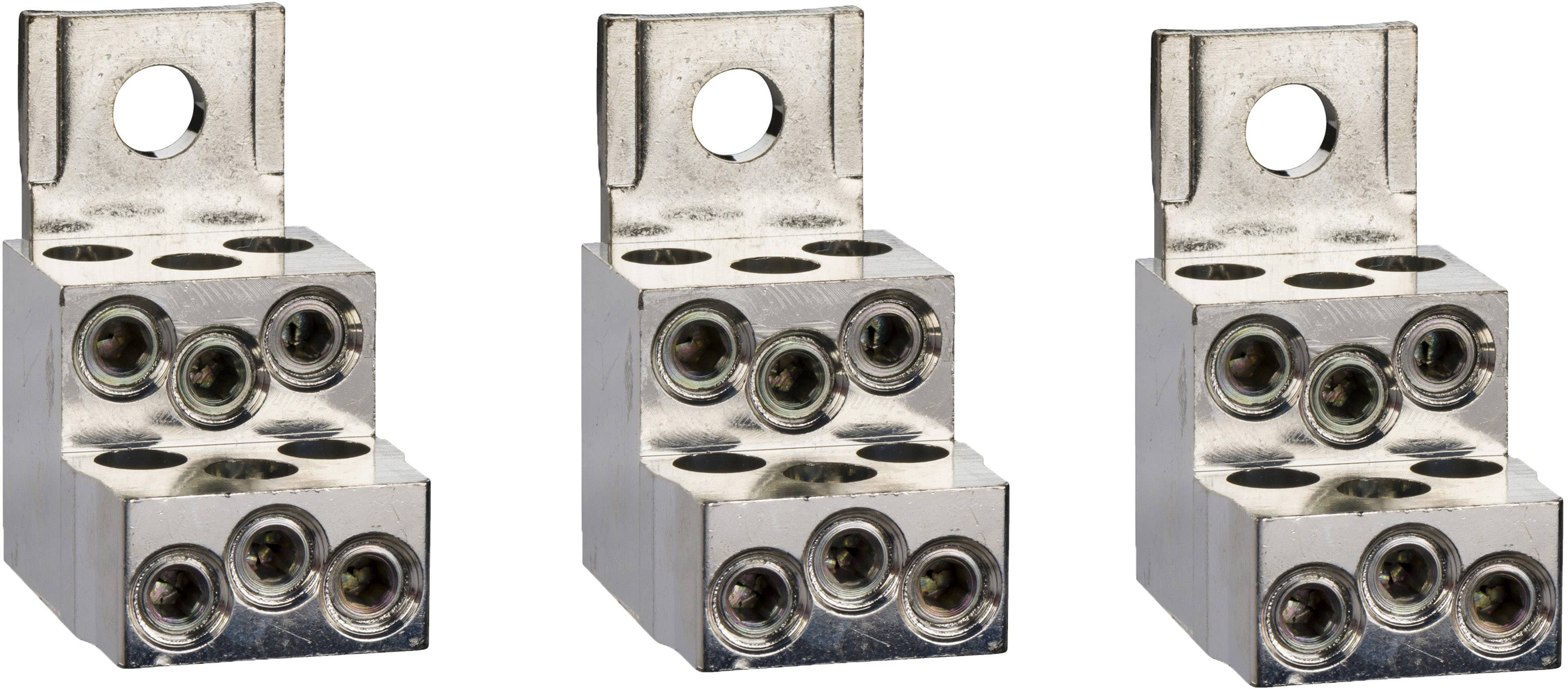 Drei silberne Anschlussklemmen mit einer oberen Lochbohrung und mehreren seitlichen Schraubanschlüssen auf weißem Hintergrund.