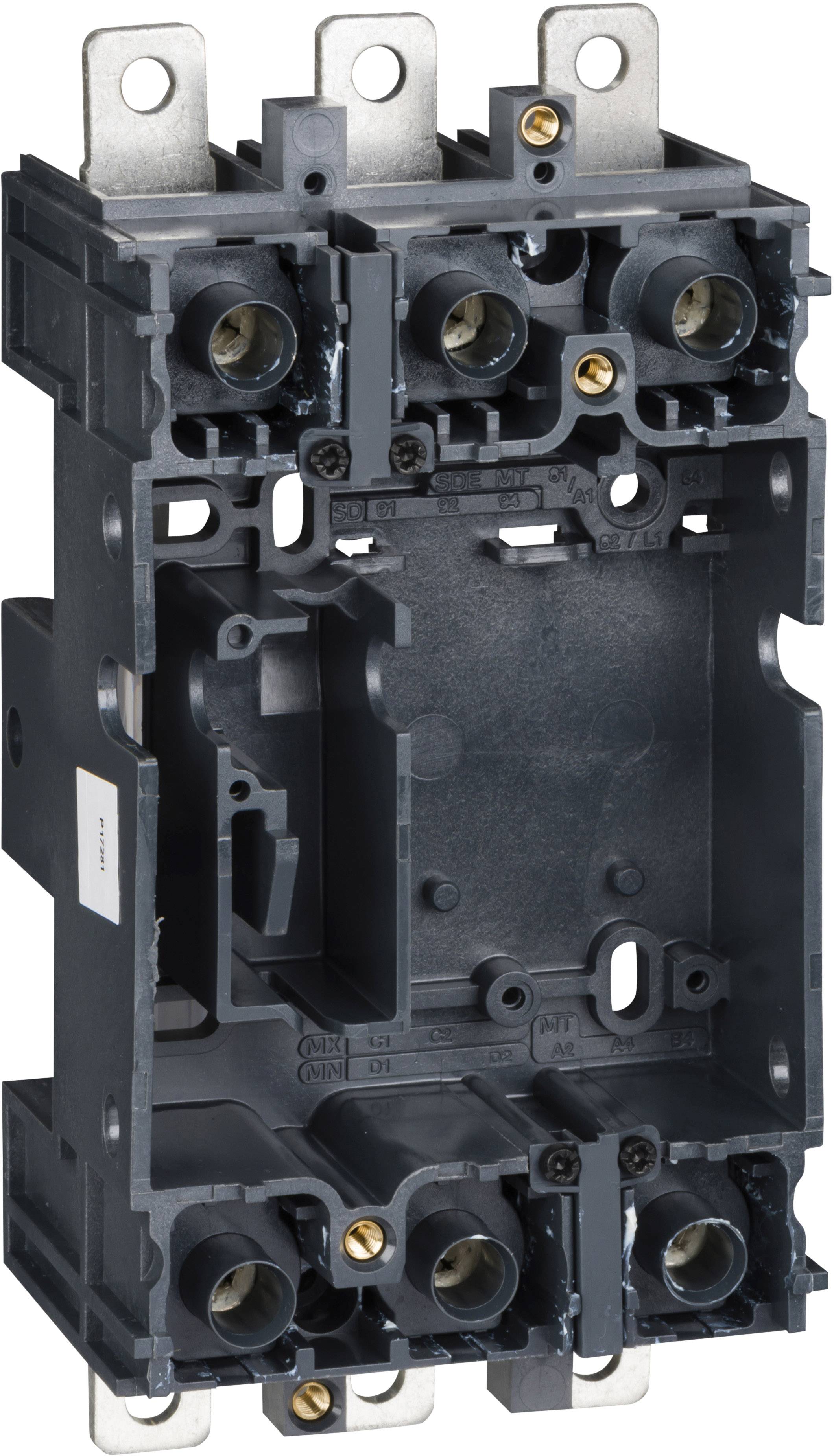 Gehäuse eines Leistungsschalters mit Öffnungen für elektrische Anschlüsse; wichtig für Schutz und Steuerung in elektrischen Systemen.