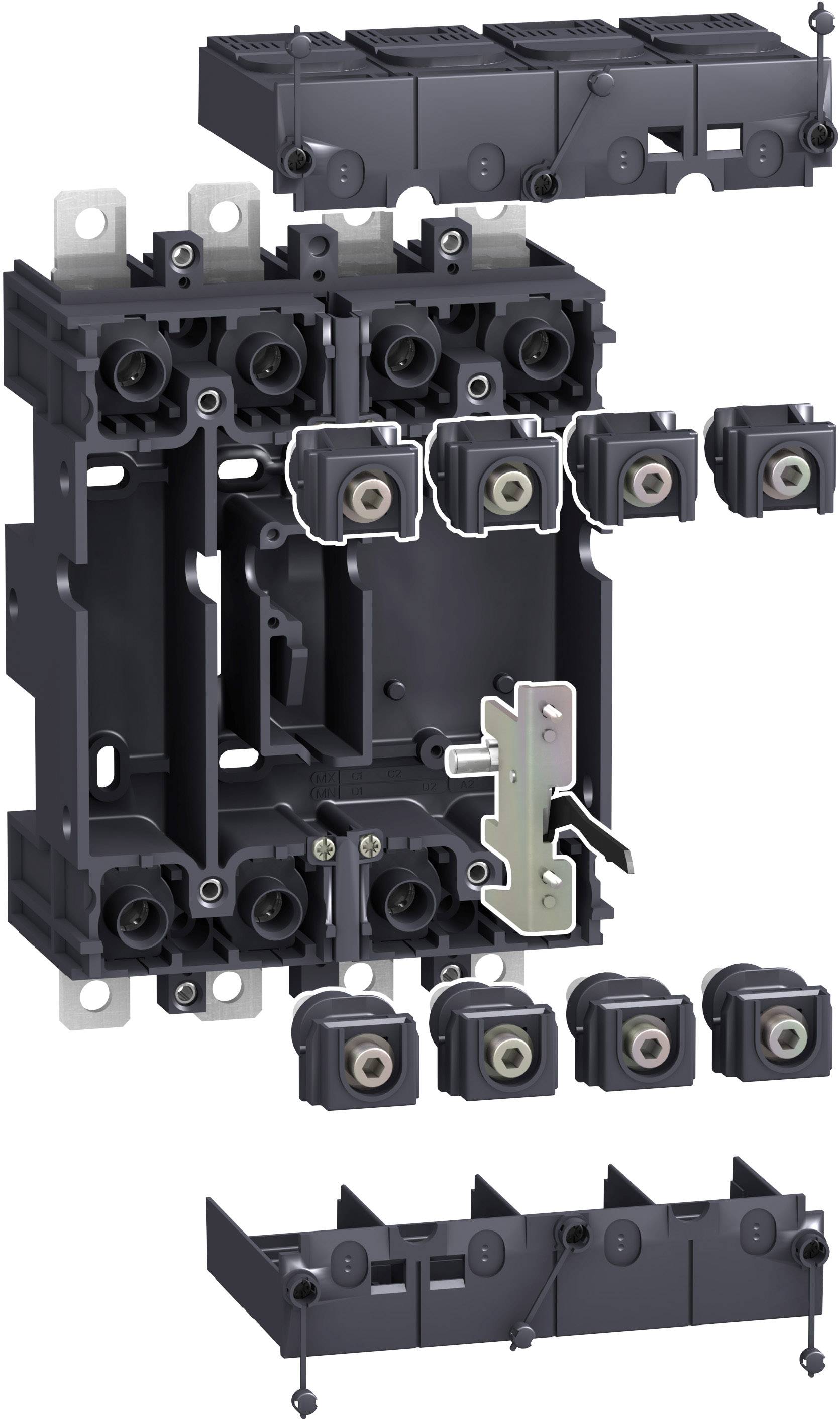 Ein komplexes elektrisches Modul mit mehreren abnehmbaren Komponenten, die auf das Innenleben und den Aufbau eines Schalters hinweisen.