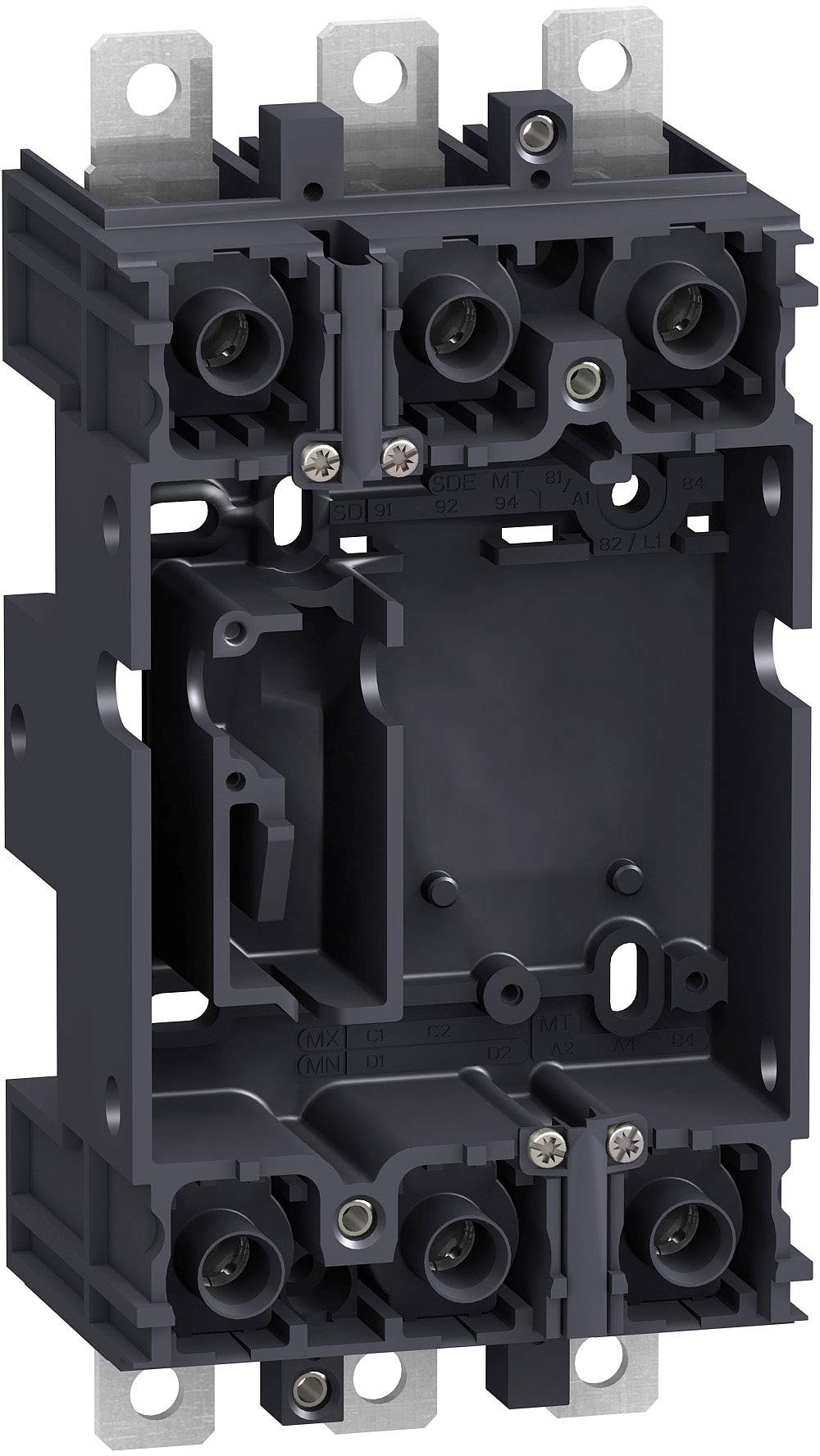 Eine schwarze Kunststoffhalterung mit mehreren Öffnungen und Metallschrauben, dient zur Befestigung in elektrischen Installationen.