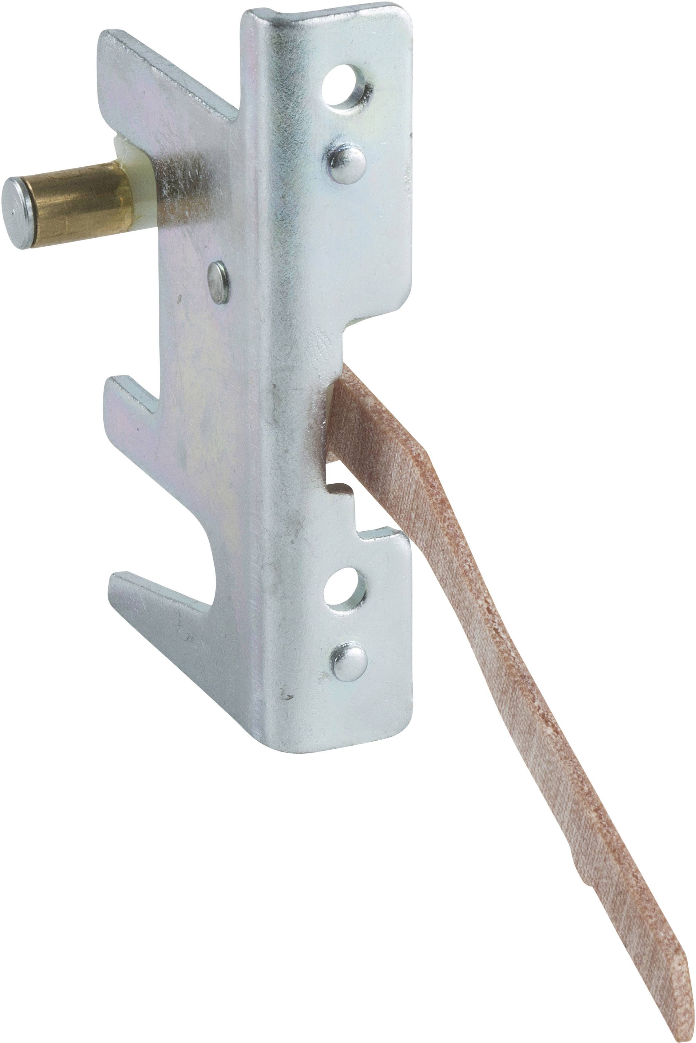 Ein silberfarbener Metallverschluss mit einem seitlichen Mechanismus und einem verlängerten, dünnen Holzstreifen rechts.