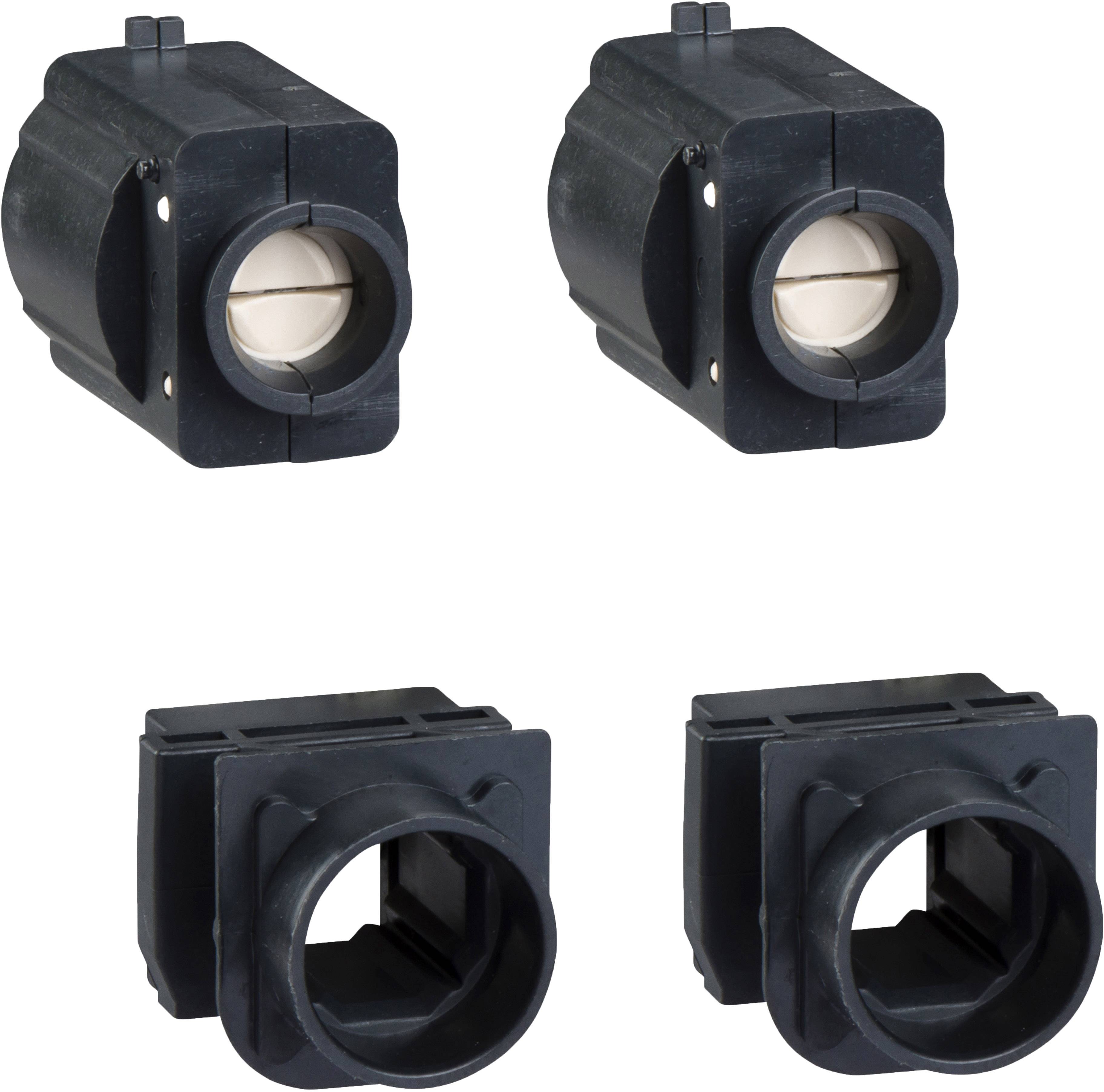 Vier schwarze Kabelschutzgehäuse, zwei mit abgerundeter und zwei mit quadratischer Form. Geeignet zur Sicherung und Führung von Kabeln.