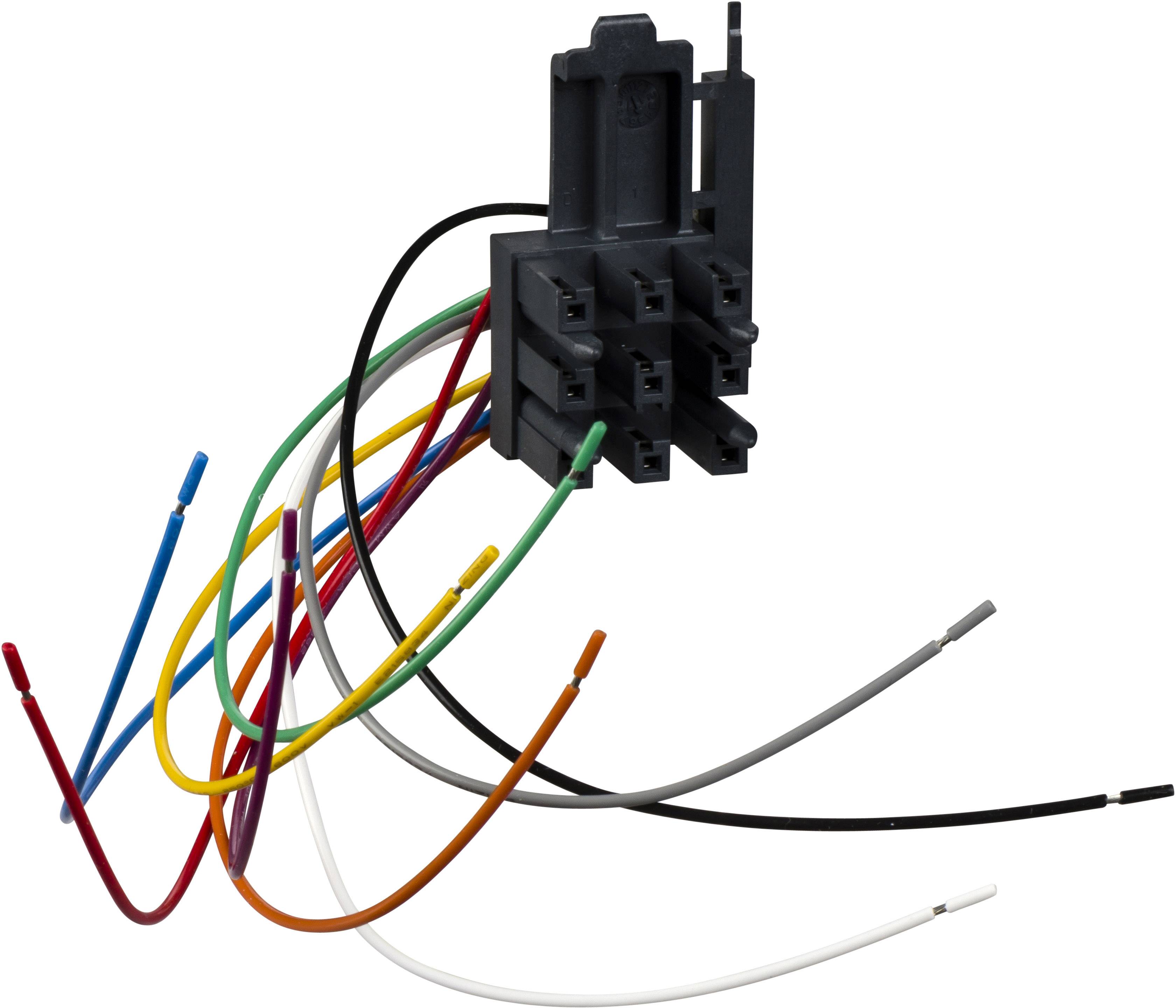 Mehrfarbiger Kabelbaum, der aus einem schwarzen Steckverbinder herausragt, typischerweise für elektrische Verkabelung in Fahrzeugen.