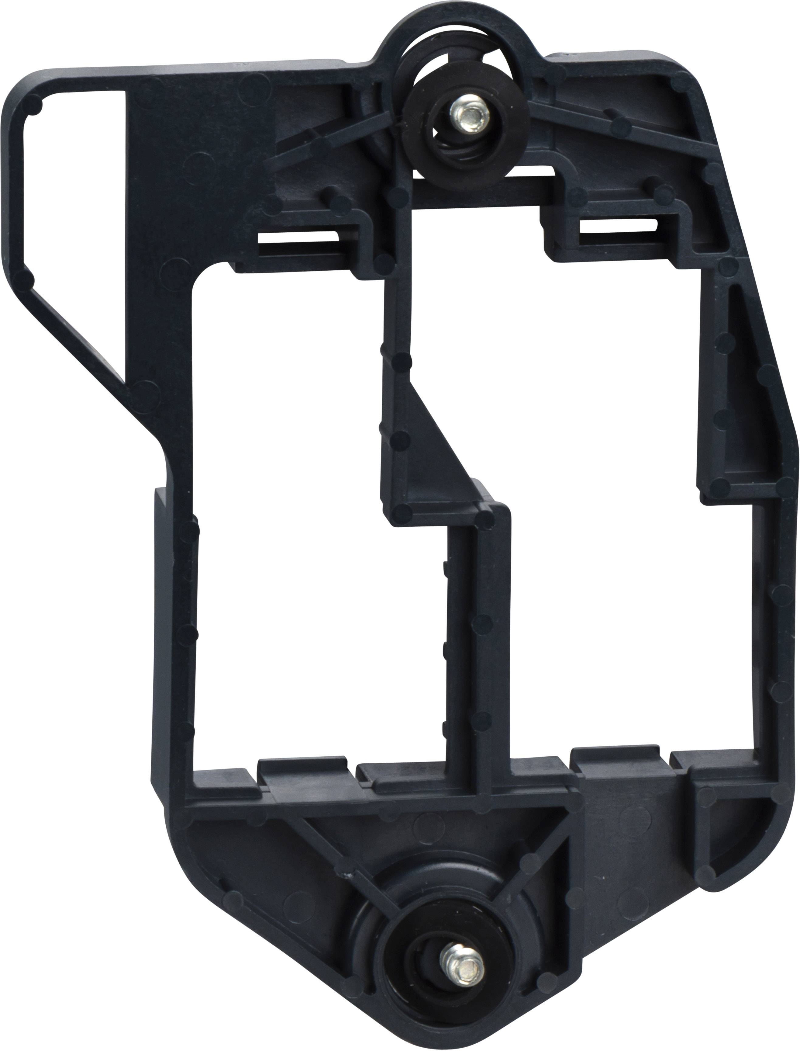 Schwarzes Kunststoffgehäuse mit rechteckiger Grundform, mehreren Aussparungen und Schraublöchern, vermutlich für Elektronikkomponenten.