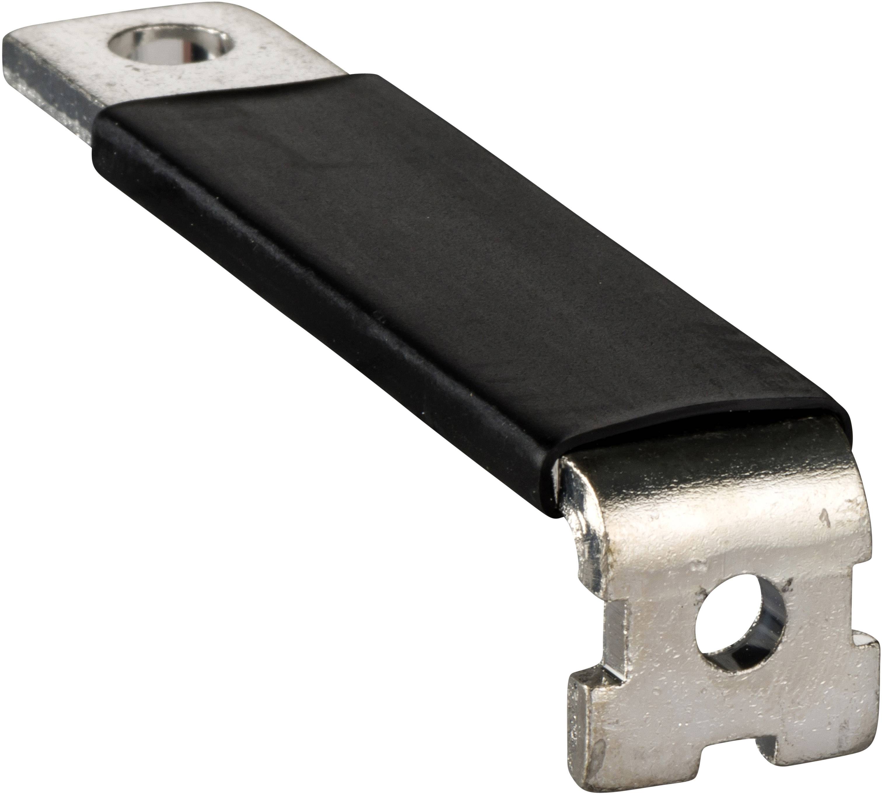 Ein rechteckiges Metallteil mit einem Loch an jedem Ende, teilweise mit schwarzem Material überzogen. Verwendet zum Verbinden elektrischer Komponenten.