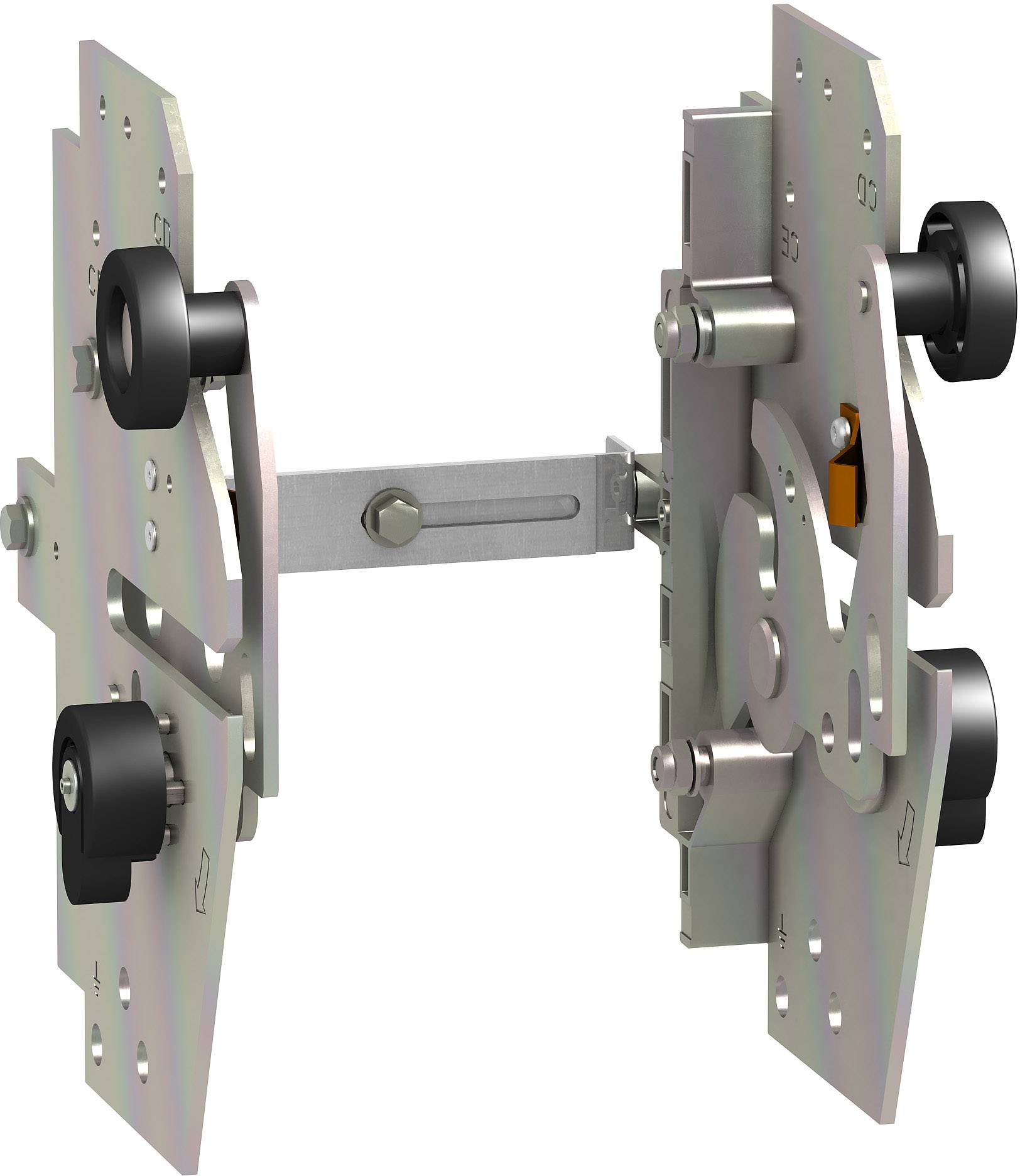 Eine Metallkonstruktion mit Rädern, die ein Scharnier verbindet, vermutlich ein Teil eines Mechanismus oder Möbelsystems.