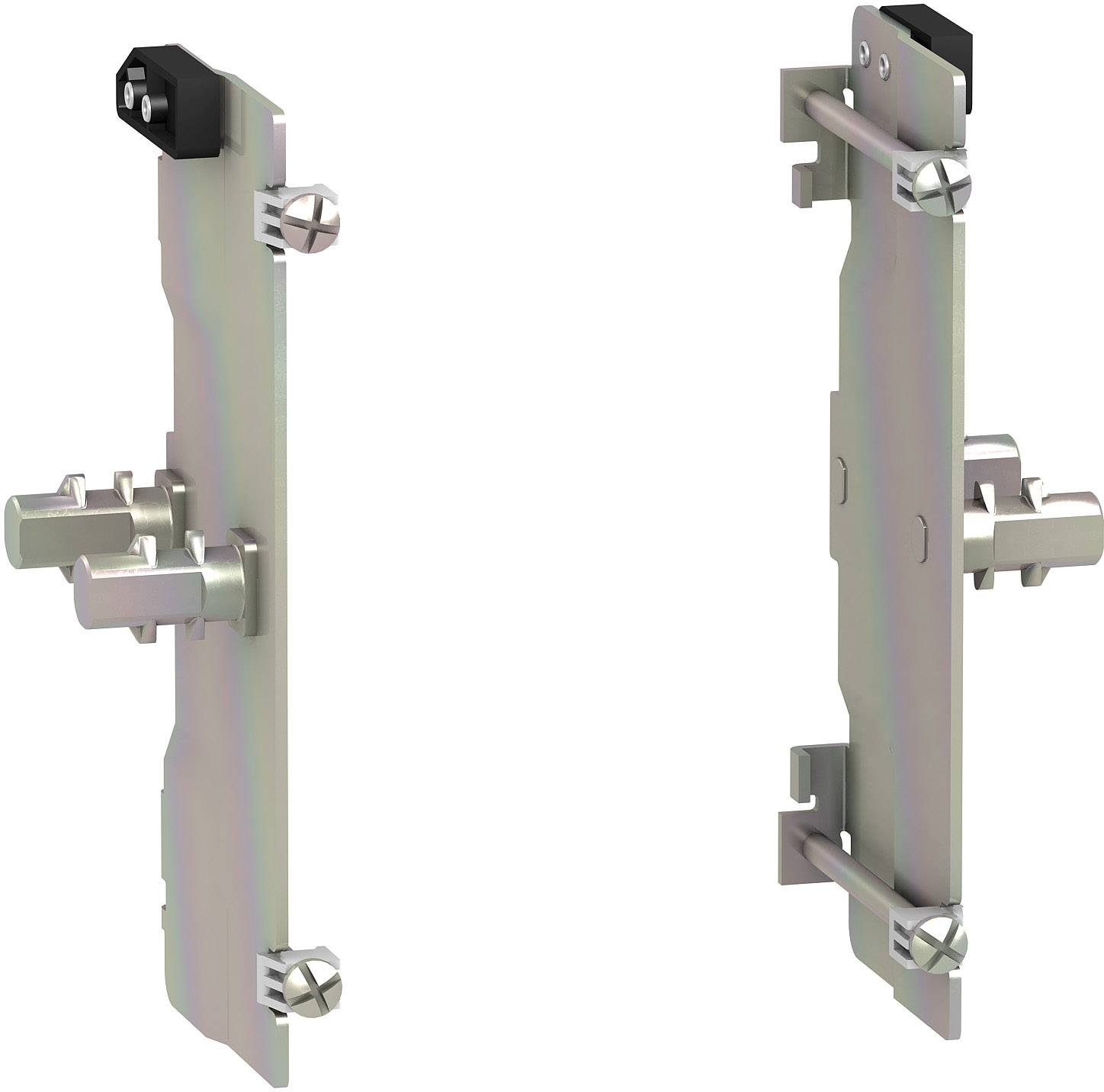 Zwei metallische Schließplatten mit unterschiedlichen Befestigungskonstruktionen werden gezeigt; sie sind für Tür- oder Schlossinstallationen gedacht.