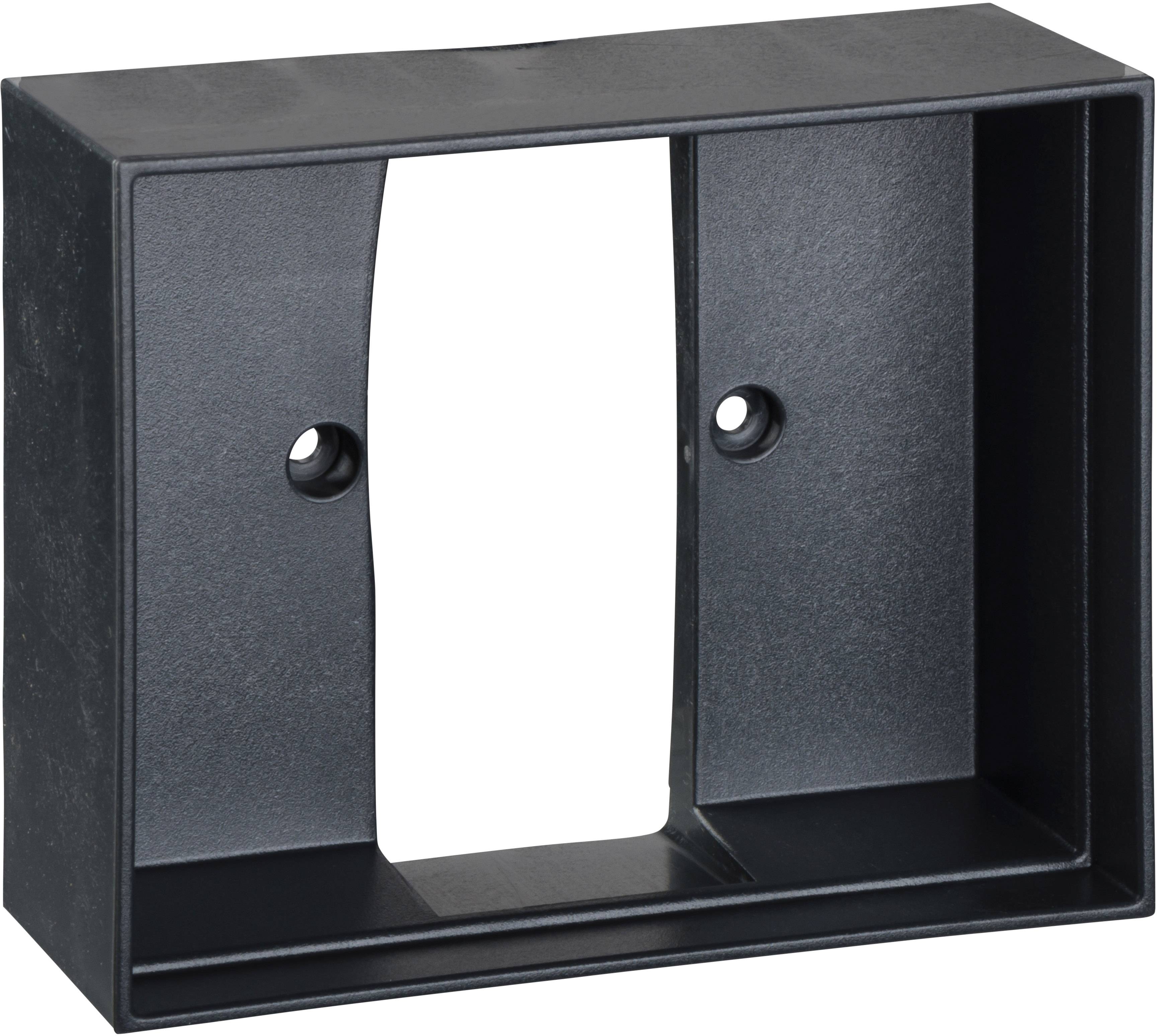 Schwarzer rechteckiger Rahmen mit zwei Schraubenlöchern und einem großen zentralen Ausschnitt.