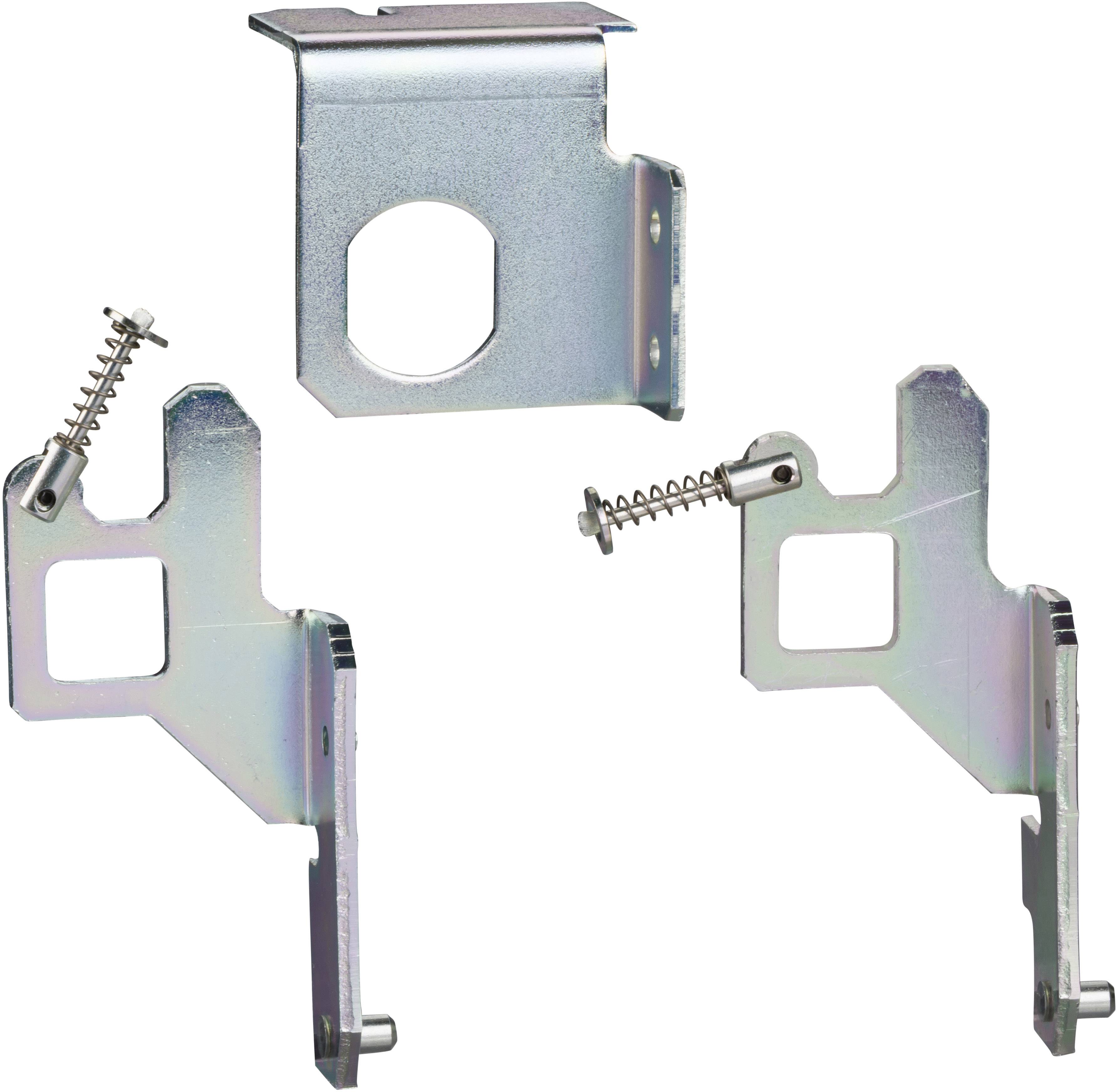 Metallwinkel mit Löchern und Schrauben. Drei verschiedene Ansichten des Bauteils zeigen dessen Design und Befestigungsoptionen.