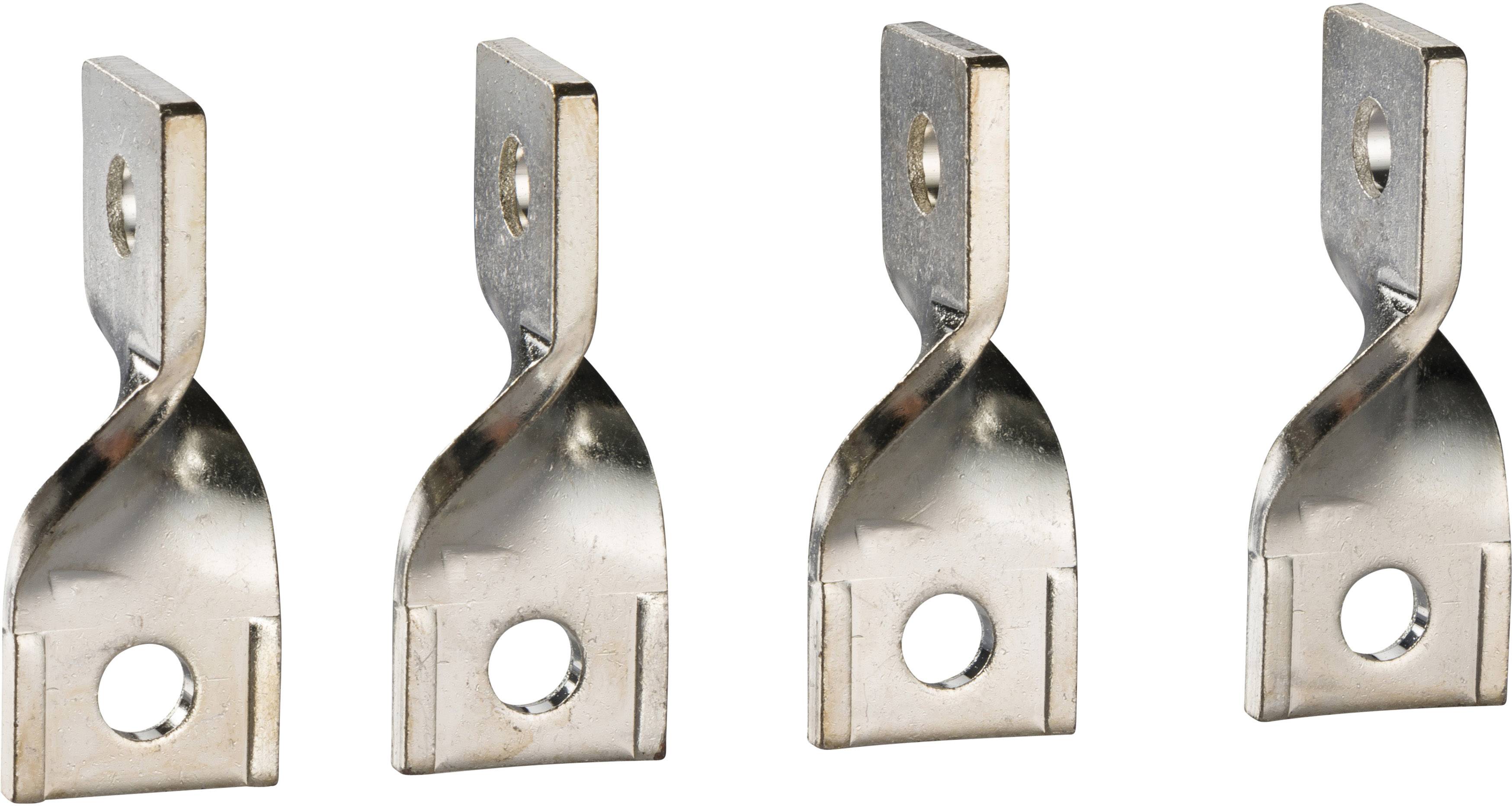 Vier identische, silberne Metallhalterungen mit je einem Loch oben und unten. Sie stehen in einer Reihe und sind aufrecht positioniert.