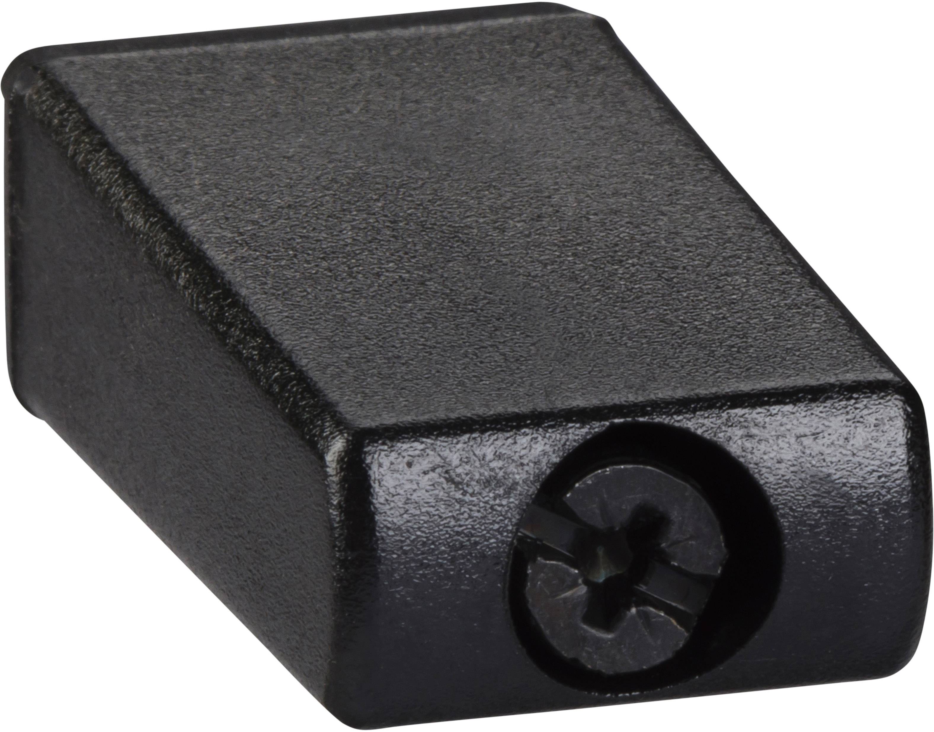 Schwarzes, rechteckiges Bauteil mit eingelassener Schraube im Vordergrund, vermutlich elektronisches Gehäuseteil oder Anschlusskasten.