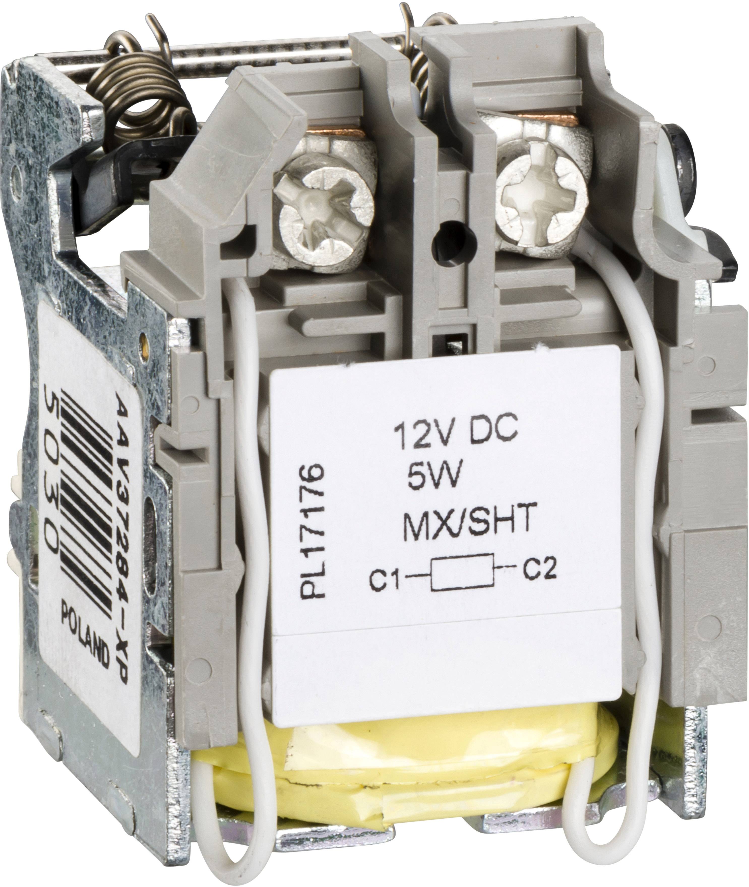 Ein elektrisches Relais mit der Aufschrift '12V DC 5W MX/SHT' auf der Vorderseite, zeigt Anschlüsse und Spulenwicklung.