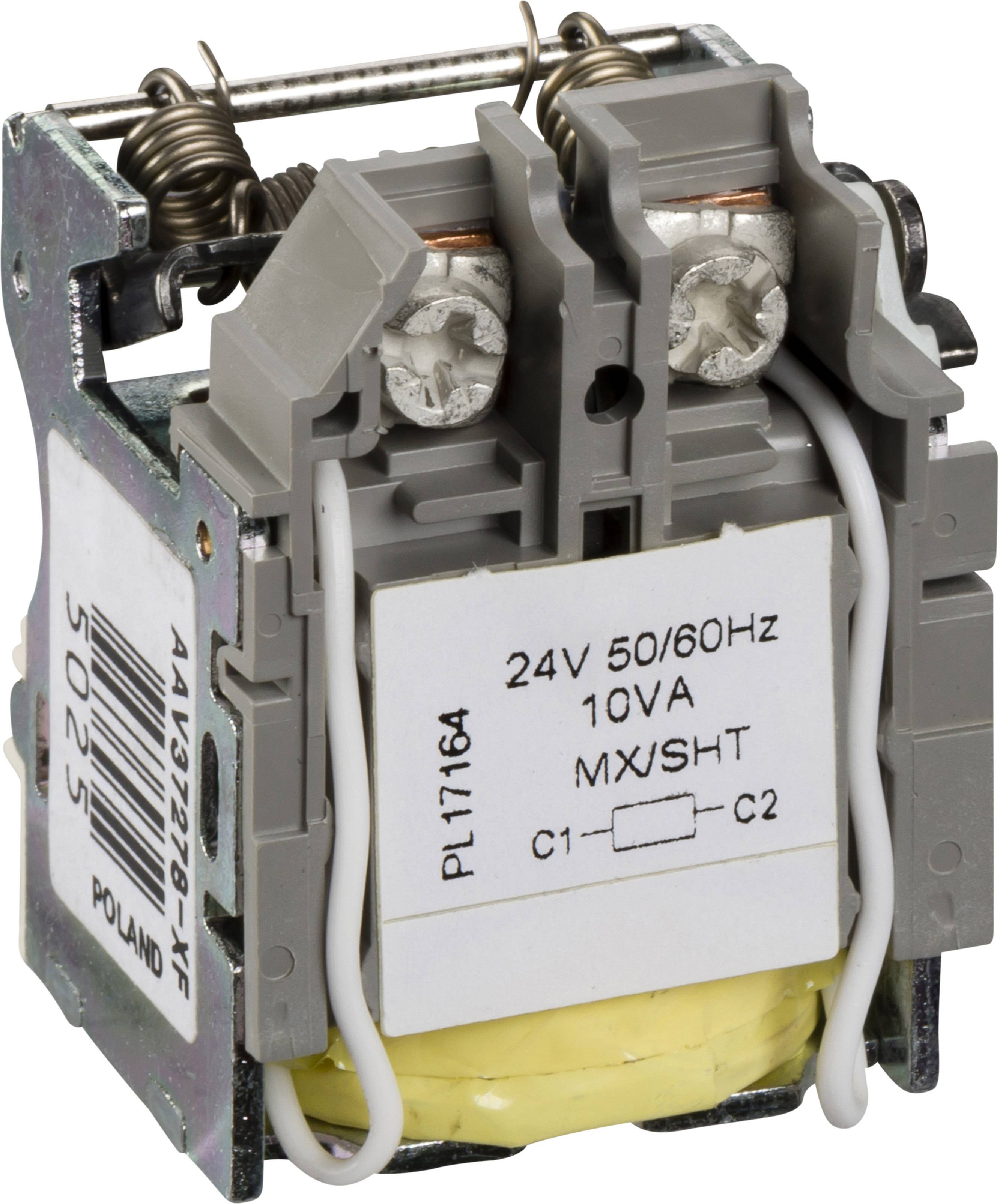 'Relais oder Schütz mit Spule, beschriftet mit 24V 50/60Hz 10VA, Polen.' Hauptkomponenten und elektrische Spezifikationen sichtbar.