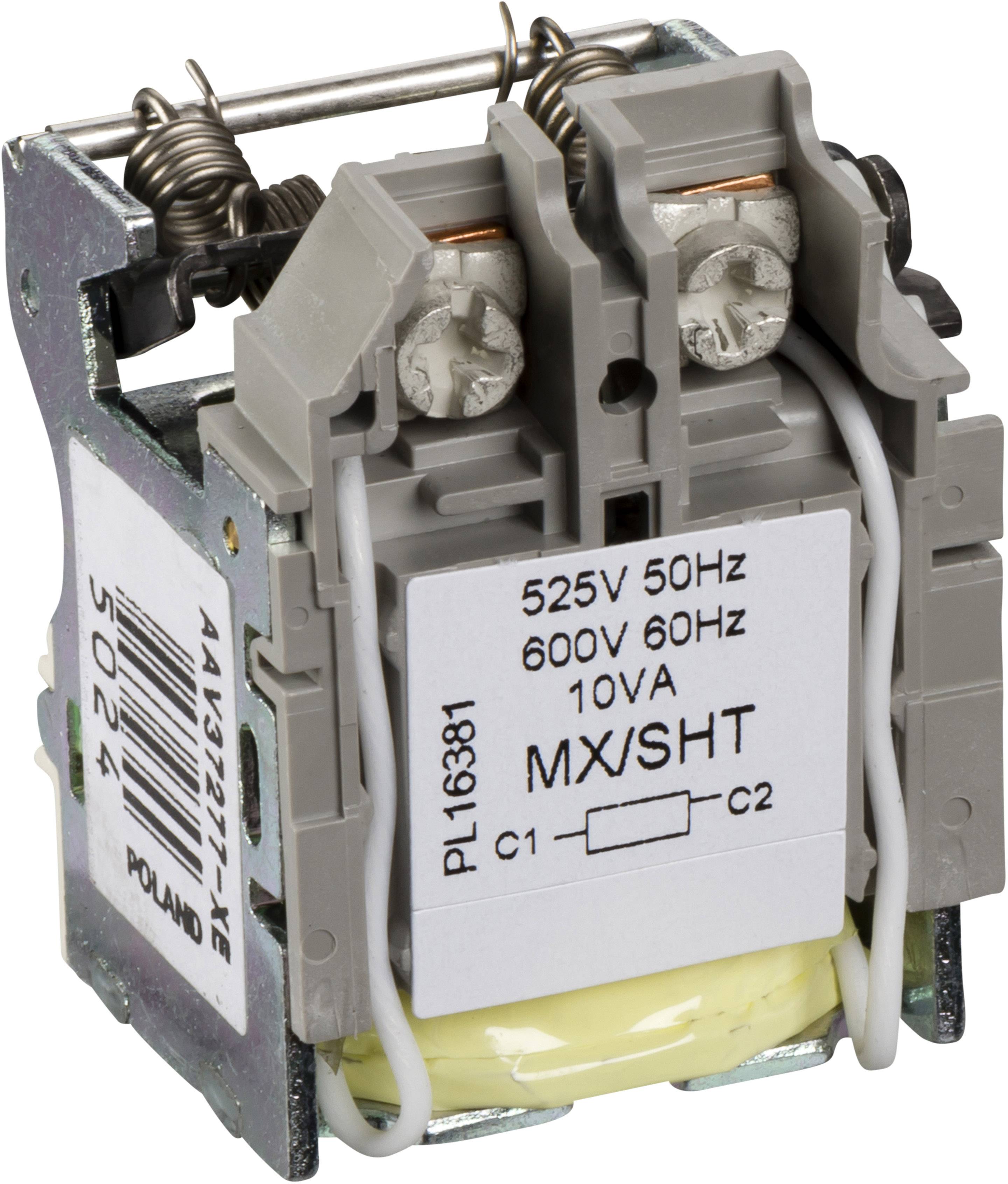 Ein elektrisches Bauteil mit der Aufschrift '525V 50Hz, 600V 60Hz, 10VA, MX/SHT' auf einem Etikett. Zwei Klemmen oben, weiße Drähte unten.