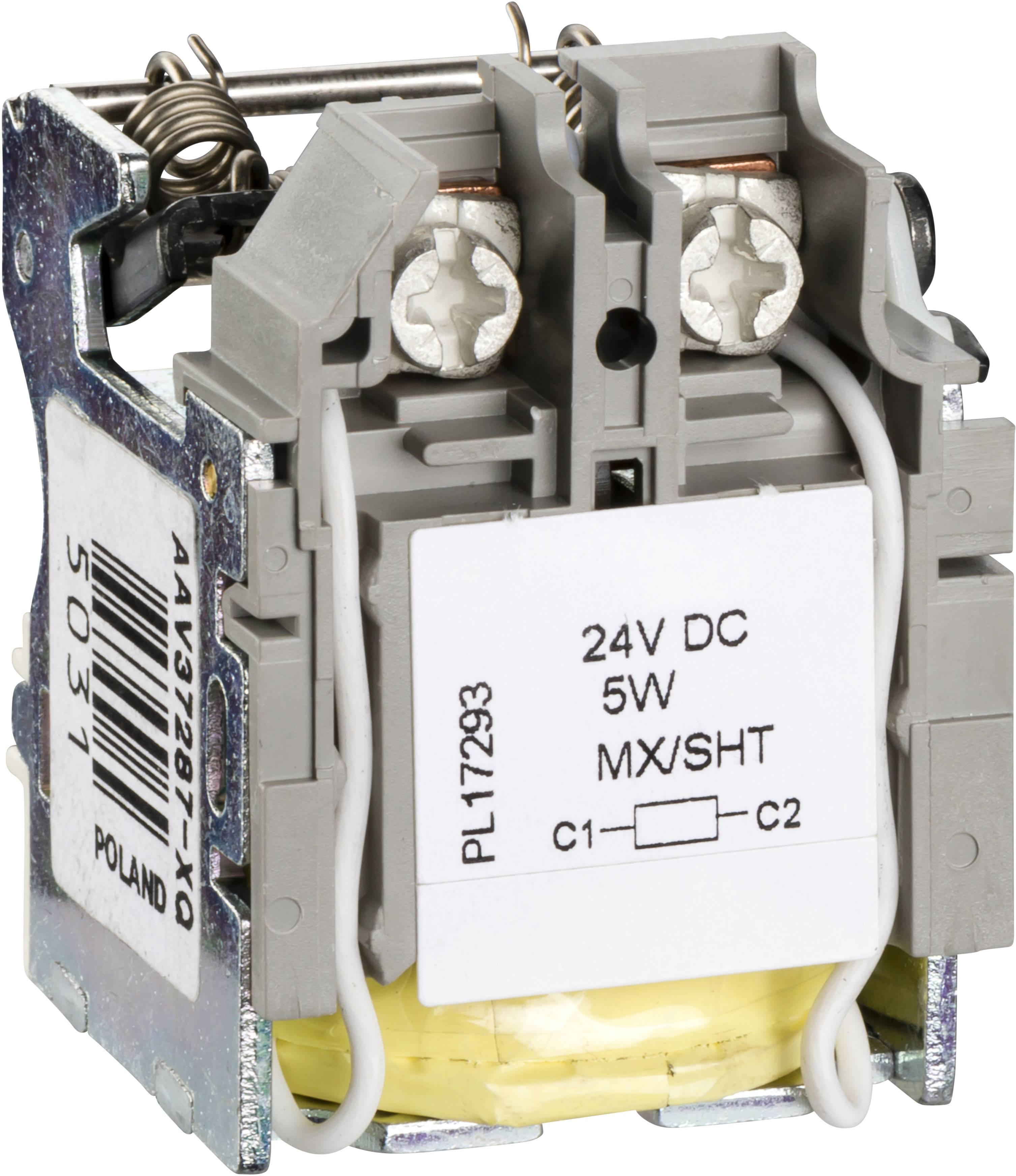Ein graues elektrisches Relais mit einer weißen Beschriftung: '24V DC 5W MX/SHT'. Zwei Schraubverbindungen oben sichtbar.