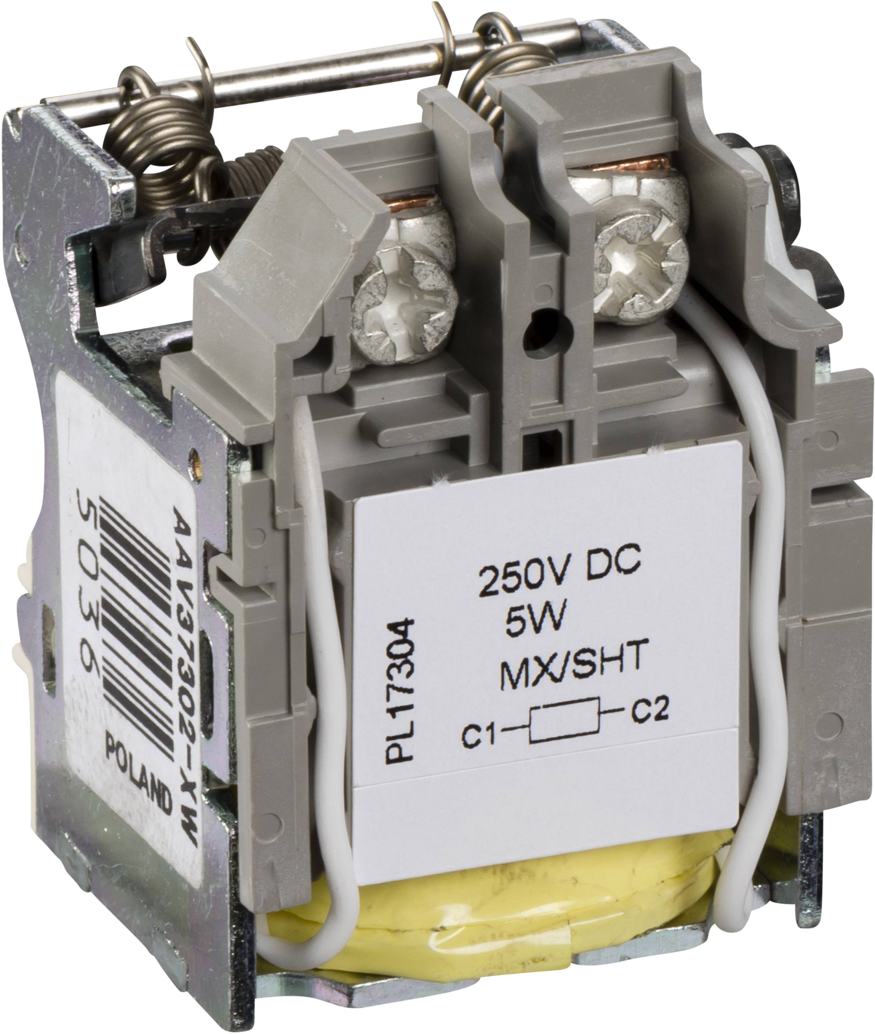Kompakte Spule mit Etikett '250V DC, 5W, MX/SHT'. Verwendet in elektrischen Steuerkreisen, zwei Anschlüsse oben und gelbe Wicklung unten.