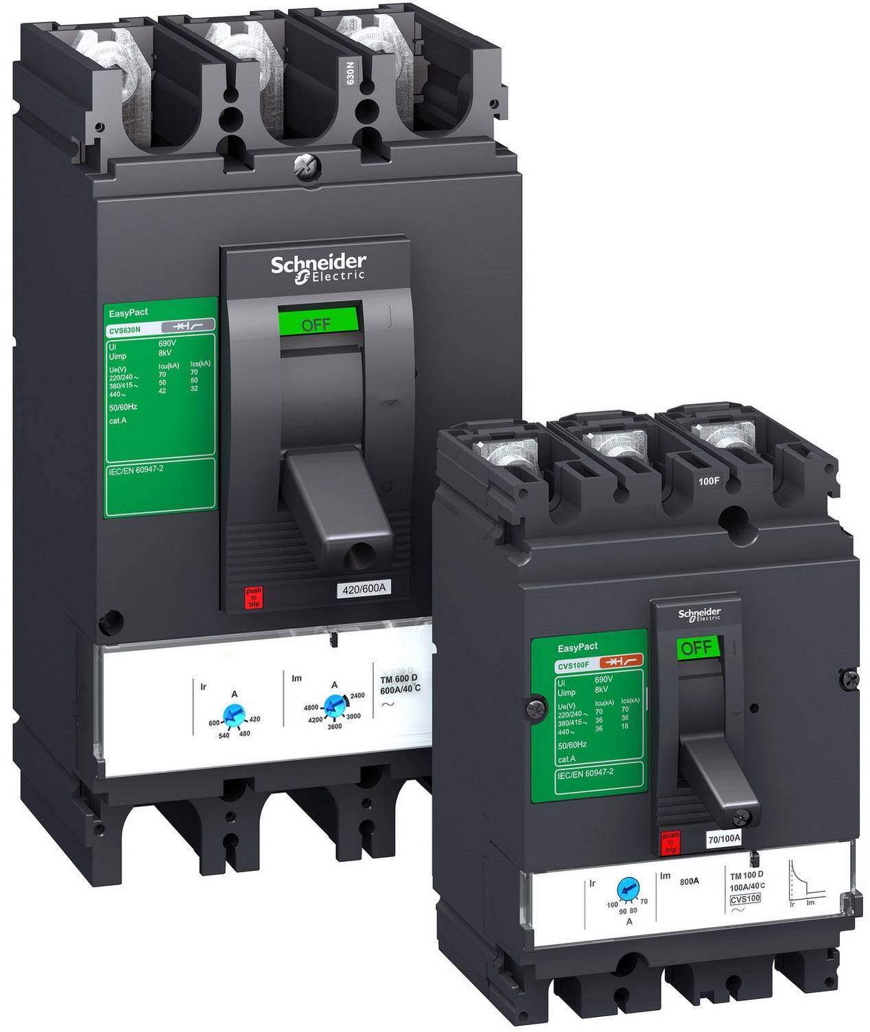 Zwei schwarze Leistungsschalter von Schneider Electric mit grünen Etiketten, zeigen den Schalter im OFF-Zustand.