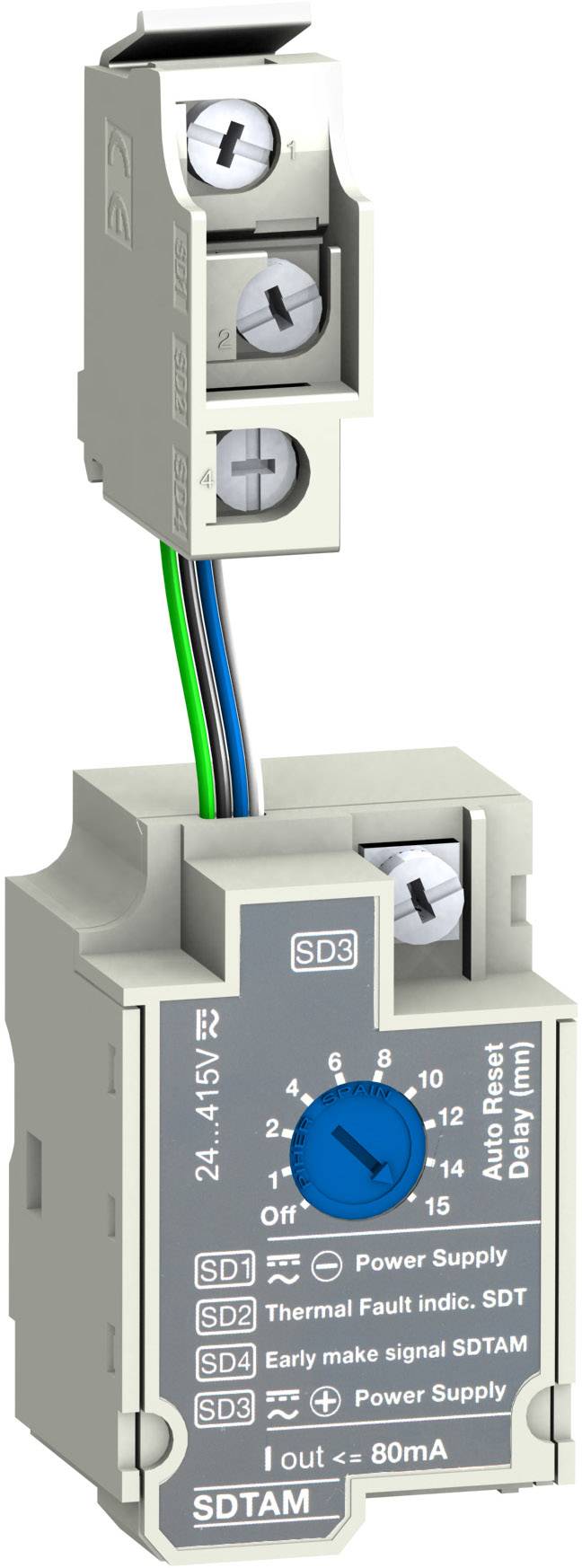 Elektronisches Modul mit blauer Drehschalter-Anzeige, Schraubklemmen und farbigen Kabeln. Aufschriften: 'Auto Reset Delay' und 'SDTAM'.