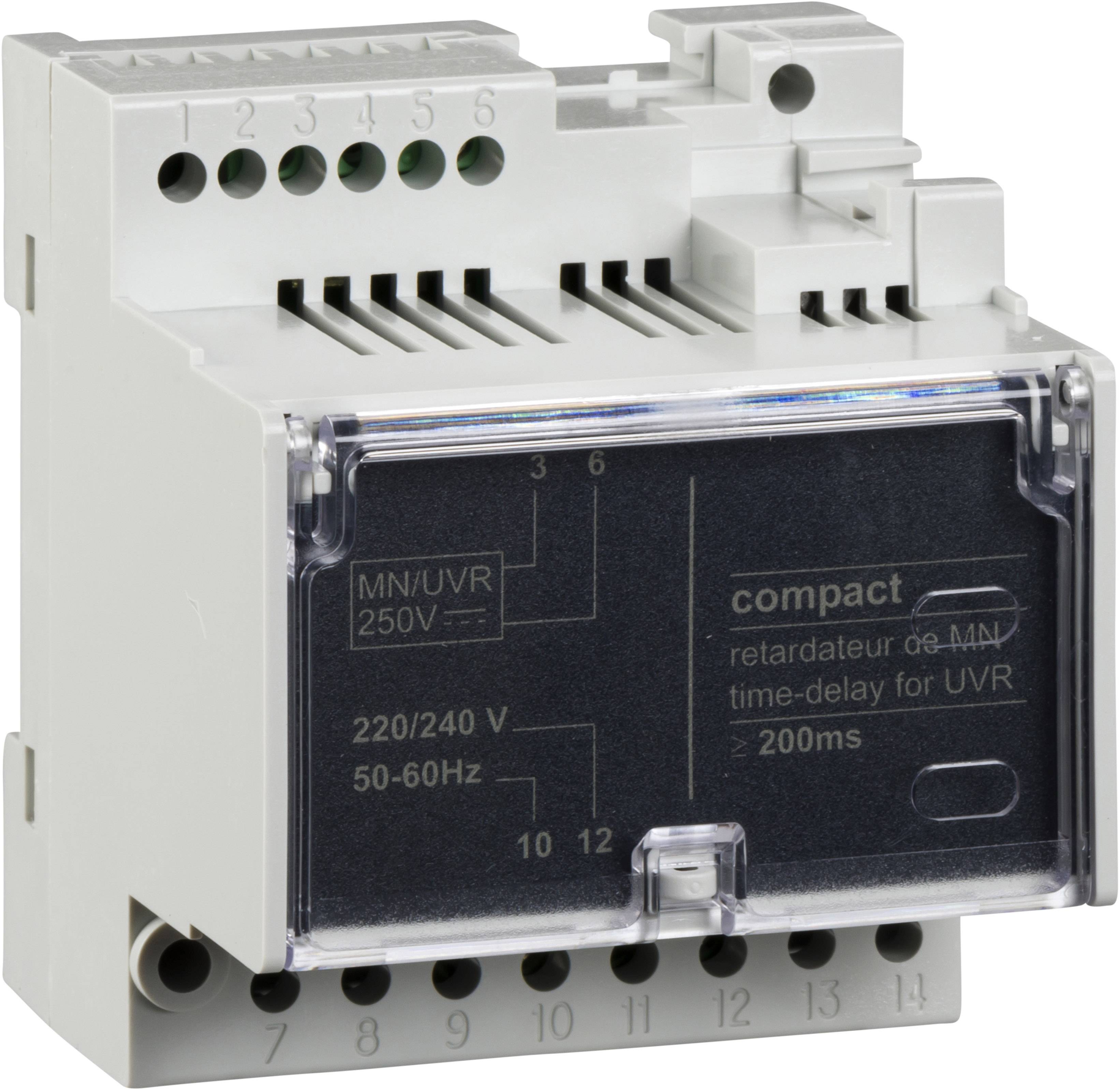 Elektrisches Zeitrelais 'compact' für 220/240V, 50-60Hz, mit Verzögerung 200ms, installierbar für Hutschiene, Anschlussklemmen sichtbar.