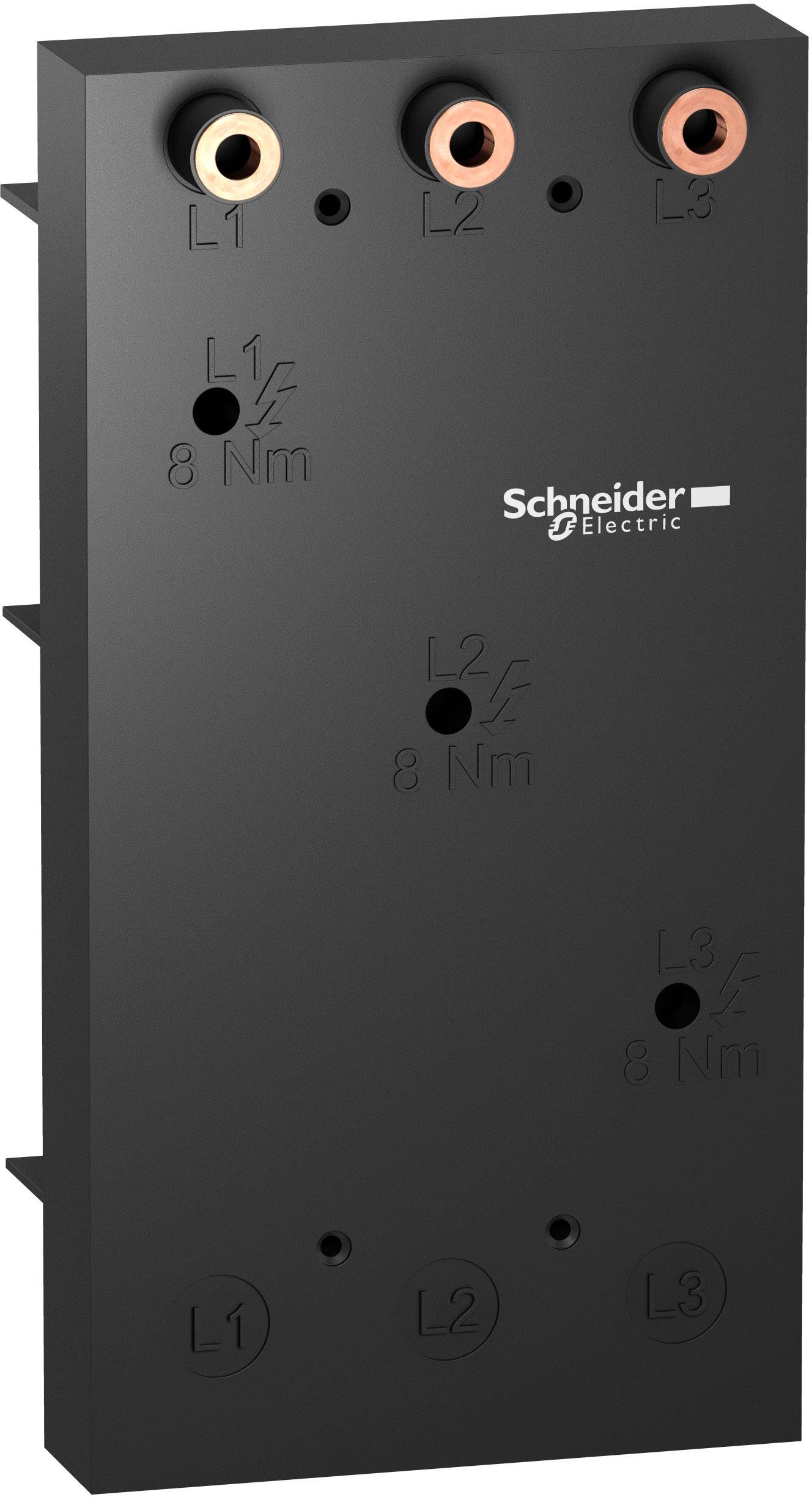 Schwarzes elektrisches Anschlussmodul mit drei Kupferanschlüssen oben, beschriftet mit 'L1', 'L2', 'L3', neben dem Logo von Schneider Electric.