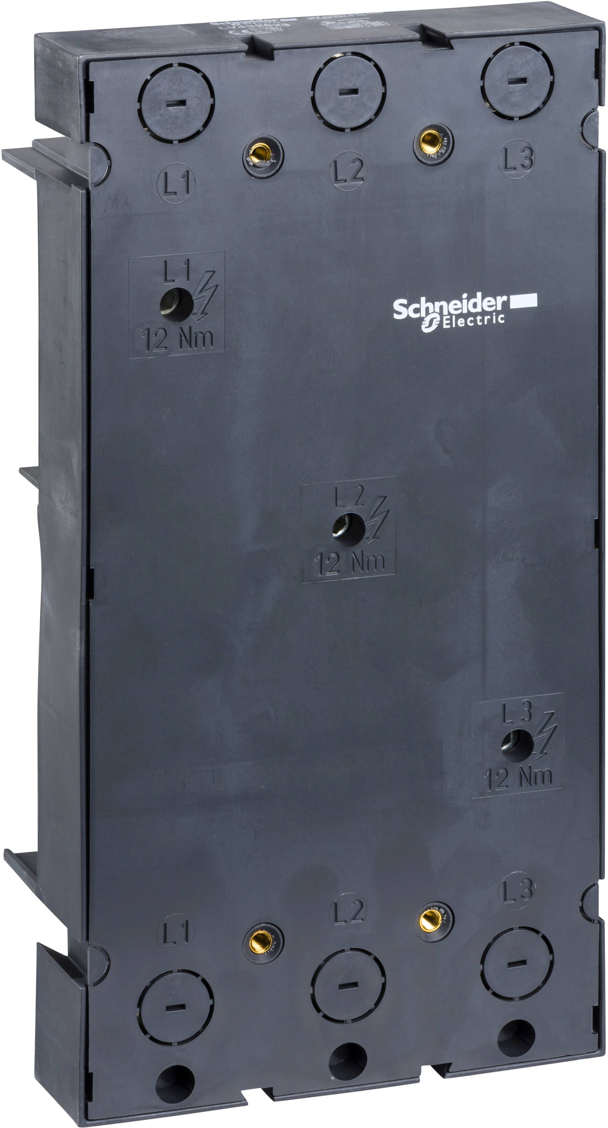 Schwarzes Schneider Electric Schaltgerät mit drei Anschlüssen, gekennzeichnet als L1, L2, L3, geeignet für elektrische Installationen.
