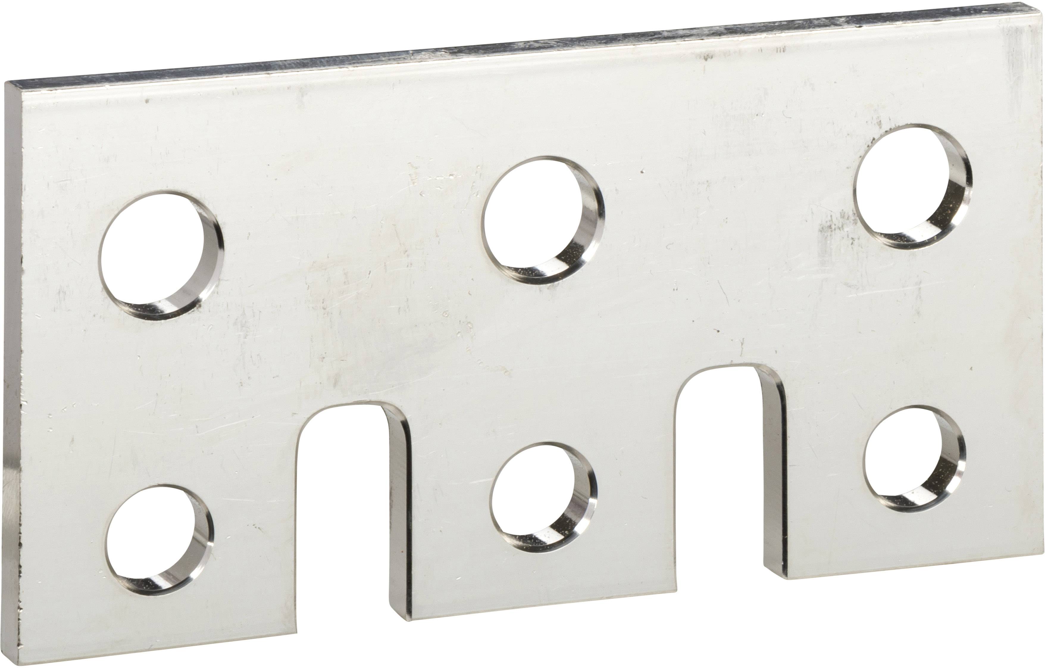 Metallplatte mit fünf kreisförmigen Löchern, zwei Aussparungen an der Unterkante, vermutlich für Montagezwecke.
