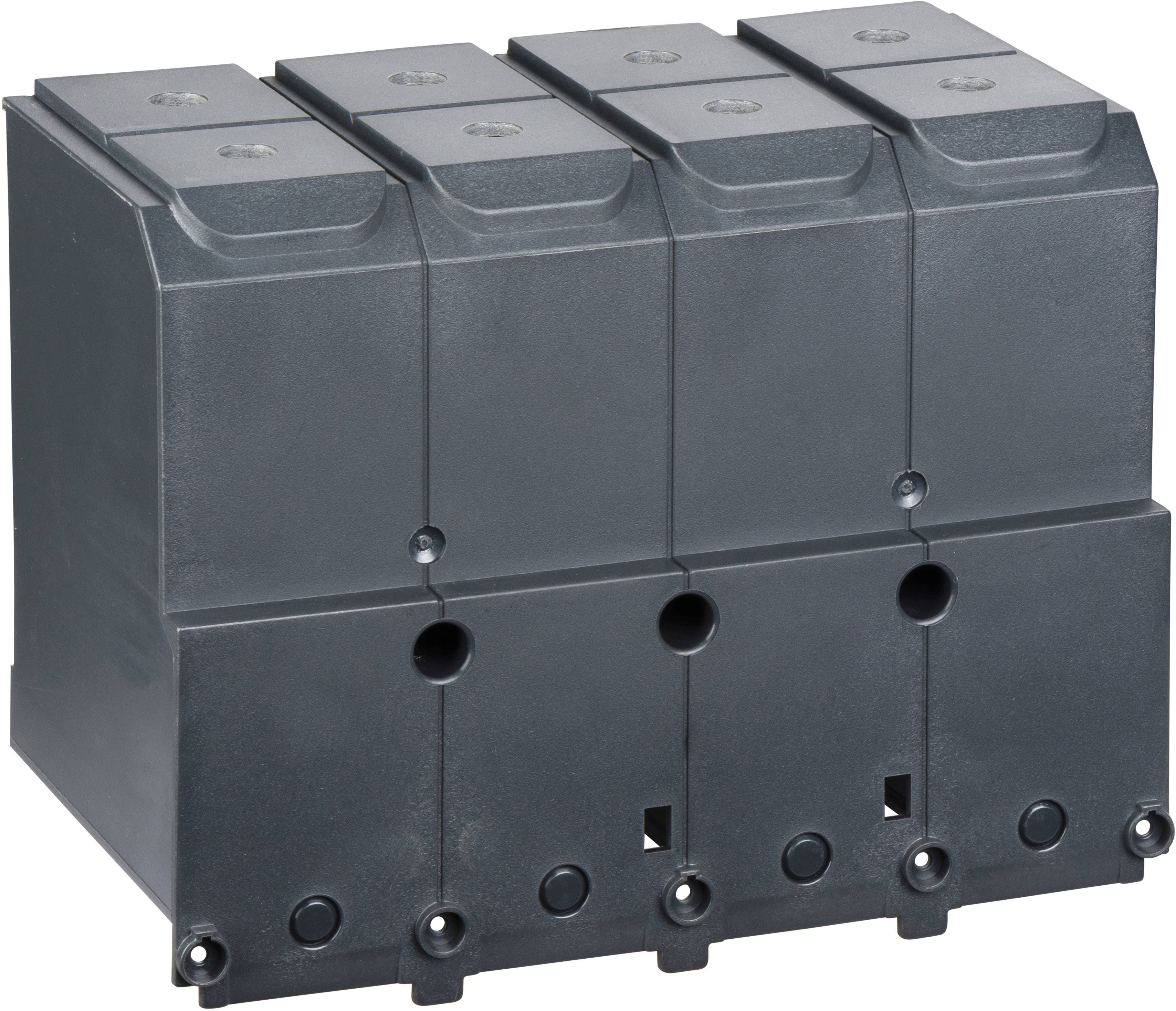 Ein schwarzer, vierteiliger elektrischer Sicherungsblock mit Schraubanschlüssen, geeignet für industrielle Anwendungen.