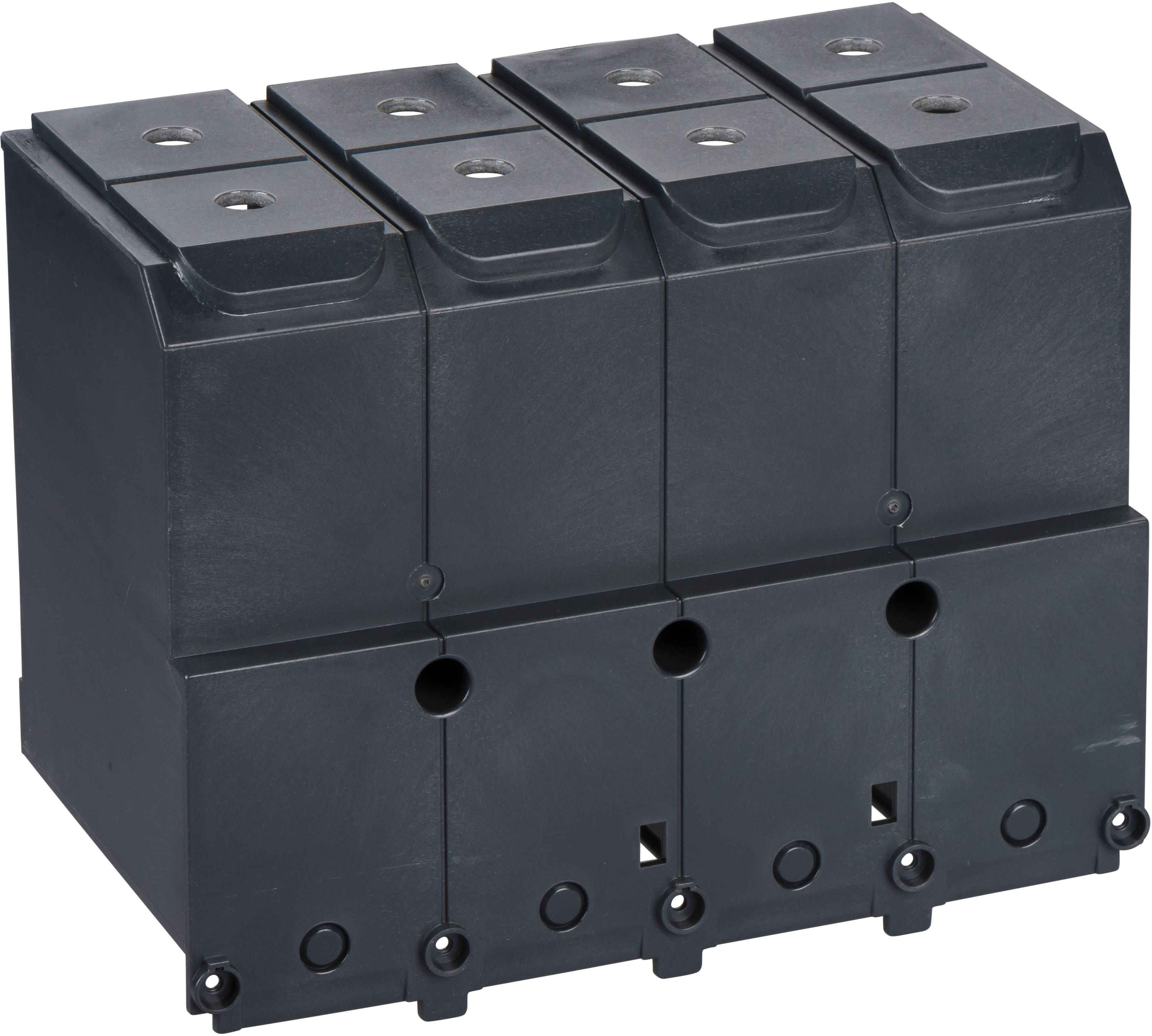 Schwarzes Viererblock-Modulgehäuse mit Bohrungen an der Vorderseite und quadratischen Vertiefungen oben, geeignet für elektrische Anwendungen.