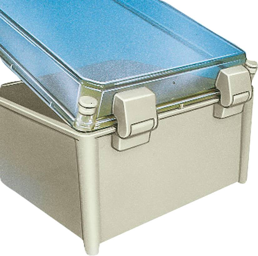 Eine beige Kunststoffbox mit blauem durchsichtigen Deckel, der leicht geöffnet ist.