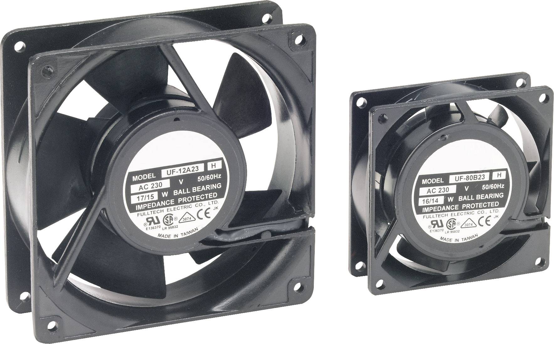 Zwei schwarze Lüfter mit Modellbezeichnungen 'UF-17A23' und 'UF-80123', jeweils für 230V AC, mit Kugellager und Imprägnierungsschutz.