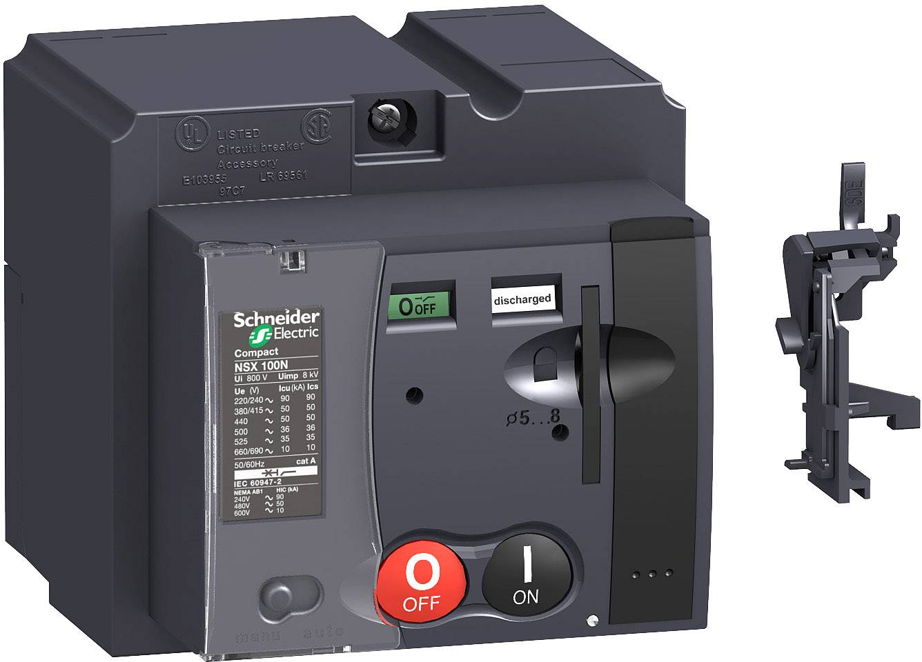 Leistungsschalter von Schneider Electric, Modell Compact NSX100N, mit rotem 'OFF' und schwarzem 'ON' Knopf, zeigt Betriebszustände.