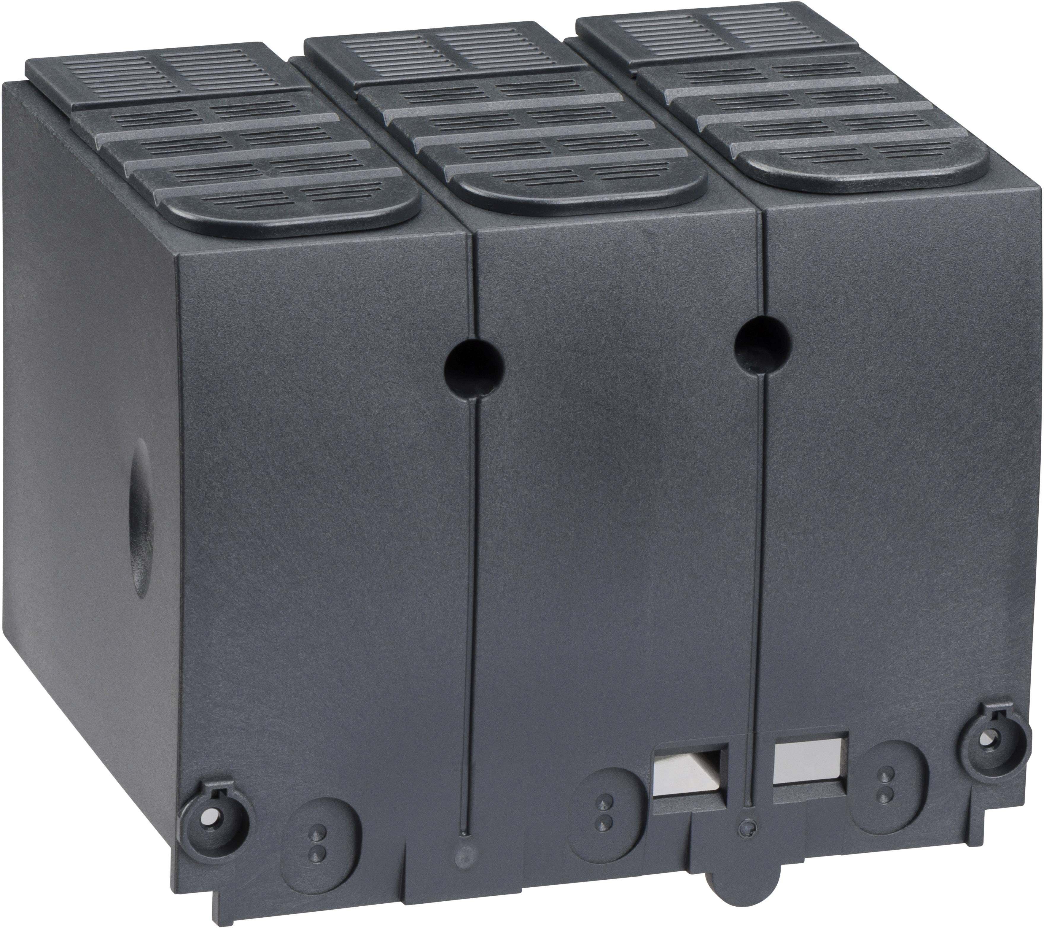 Dreifacher elektrischer Leistungsschalter in Schwarz, verwendet zur Unterbrechung von Stromkreisen zur elektrischen Sicherheit.