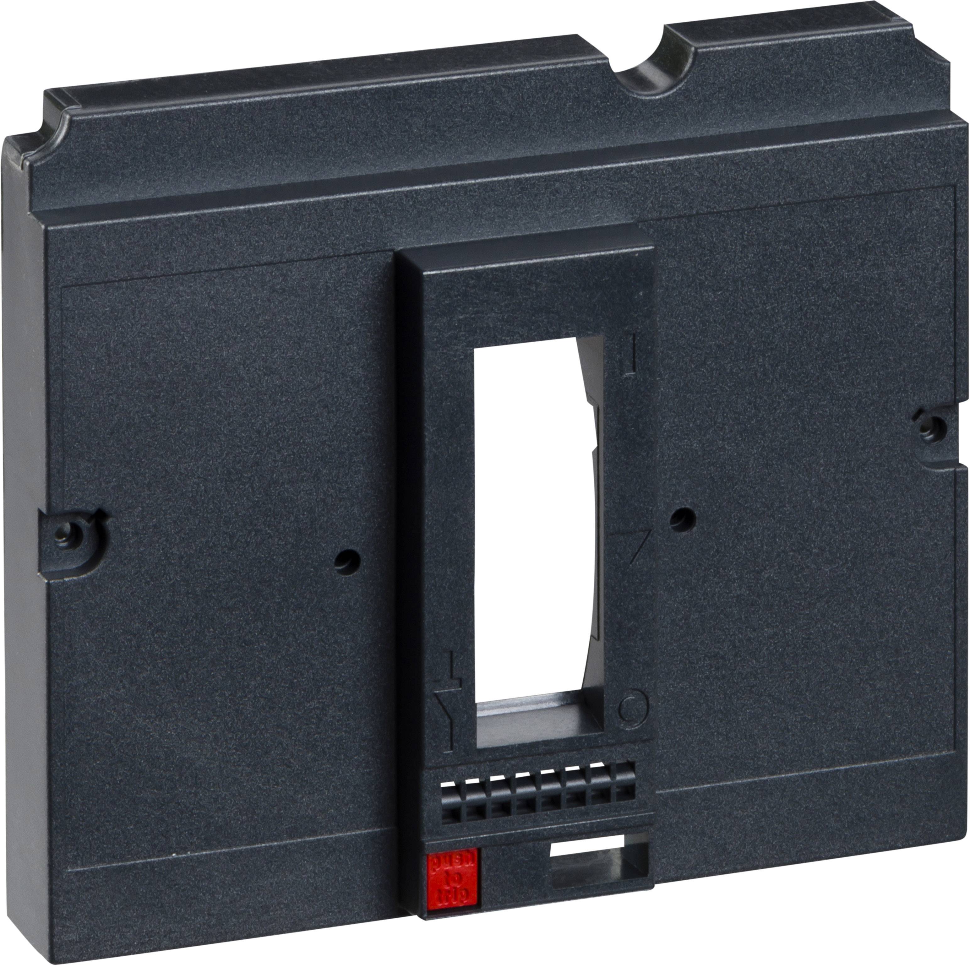 Ein rechteckiger, schwarzer Kunststoffrahmen mit einer rechteckigen Öffnung in der Mitte und mehreren kleinen Schaltern unten.