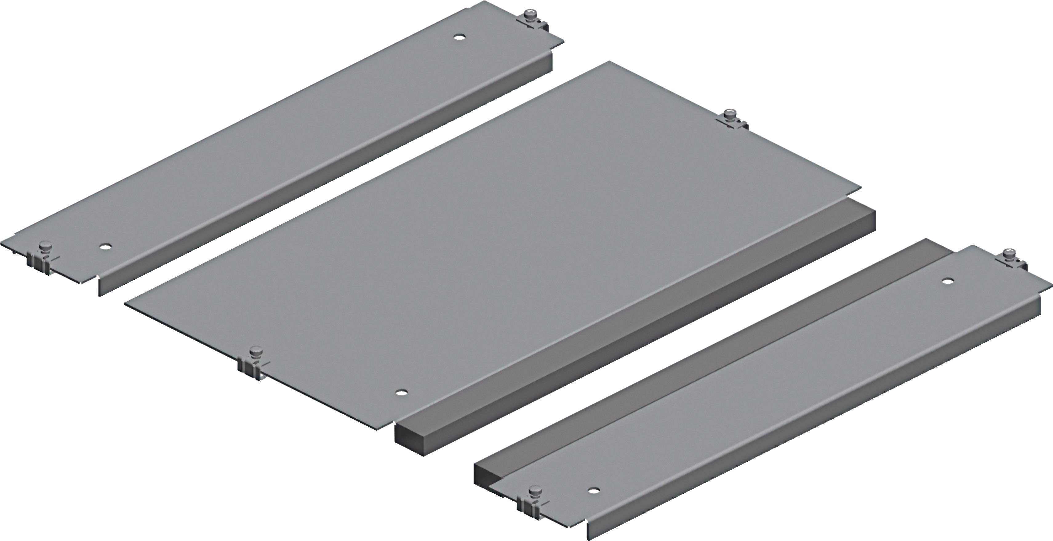 Drei graue Metallplatten in einer gestaffelten Anordnung. Die mittlere Platte ist größer und wird von zwei kleineren Platten flankiert.