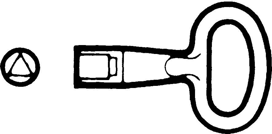 Schwarz-weiß gezeichnetes Schloss mit Schlüssel. Links Symbol mit Dreieck im Kreis, rechts stilisierter Schlüssel mit ovalem Griff.