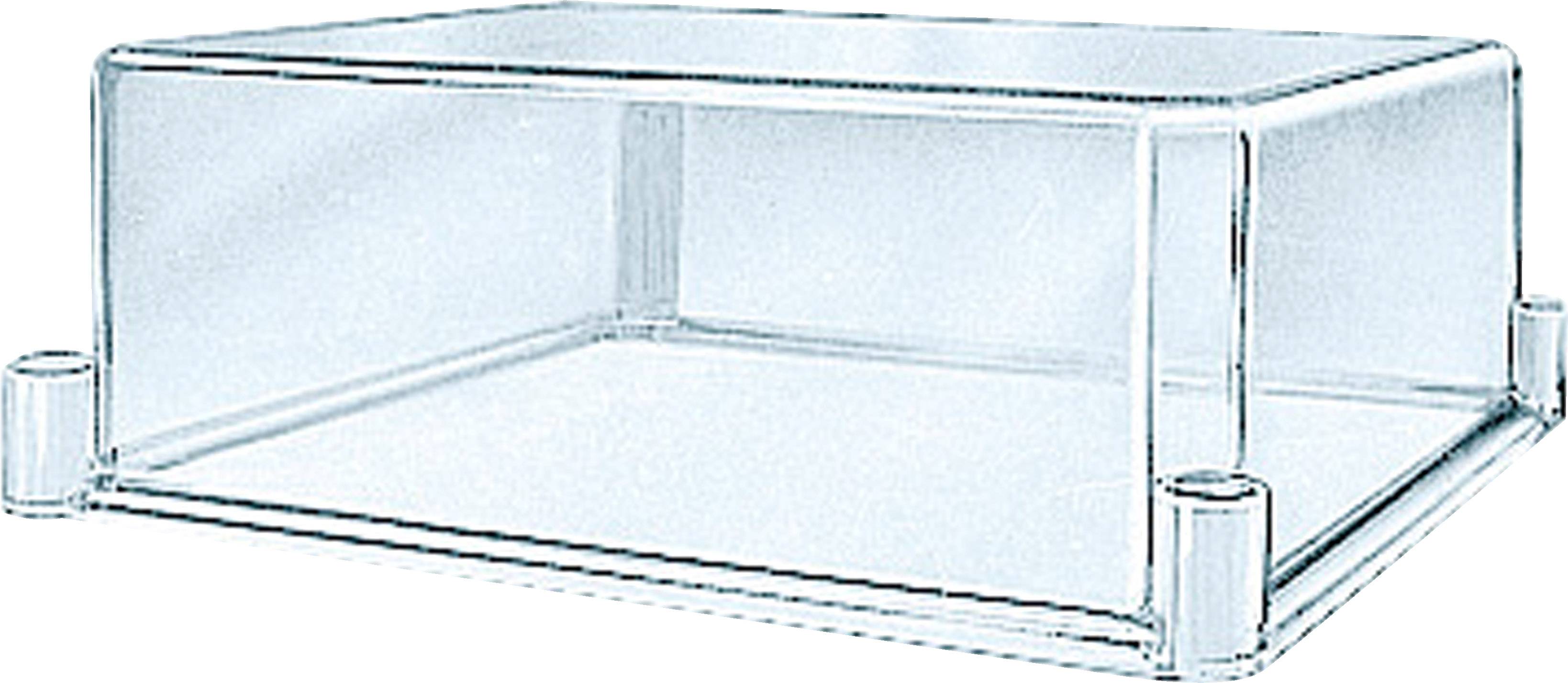 Transparente Kunststoffabdeckung in rechteckiger Form, verwendet als Schutz für elektronische Geräte oder Bauteile.